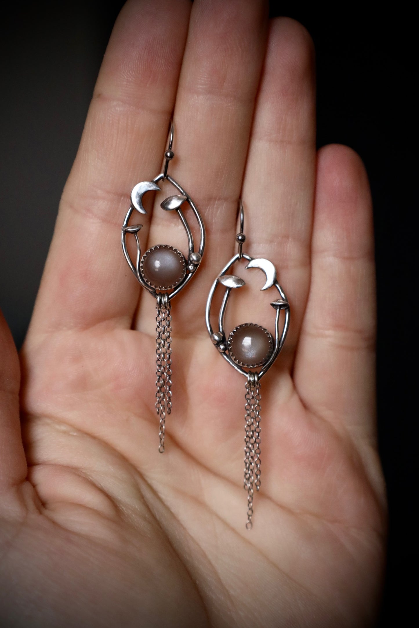 Gray Moonstone Mushroom and Moon Earrings in Solid Sterling Silver