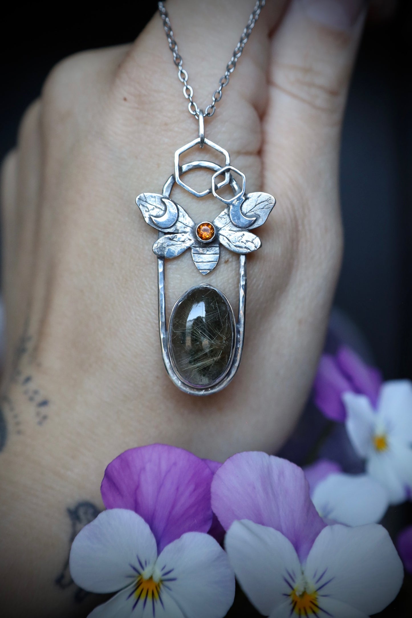 Golden Rutile Garden Quartz and Citrine Bee and Moon Pendant in Solid Sterling Silver