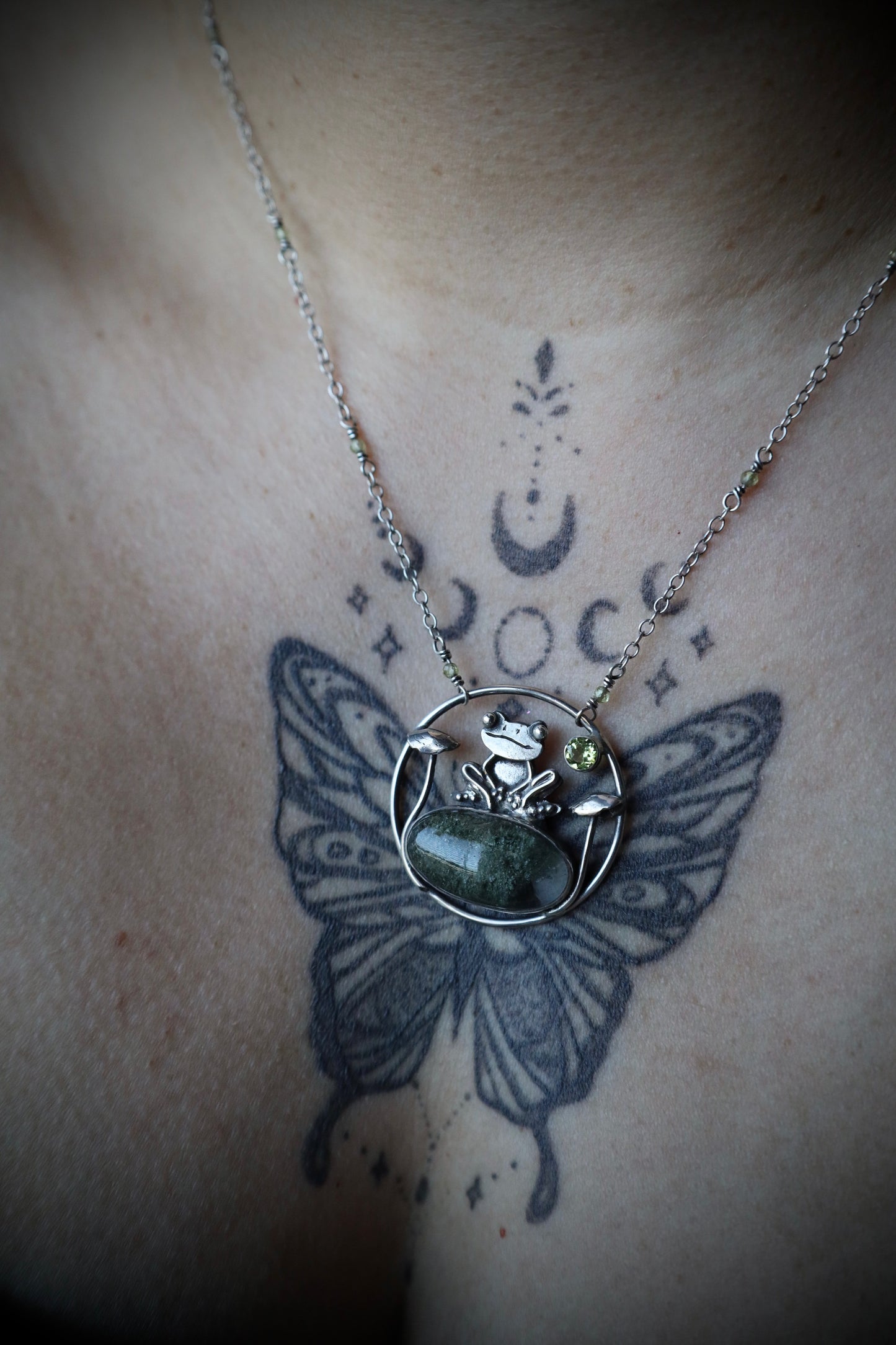 Garden Quartz and Peridot Frog and Mushroom Necklace in Solid Sterling Silver