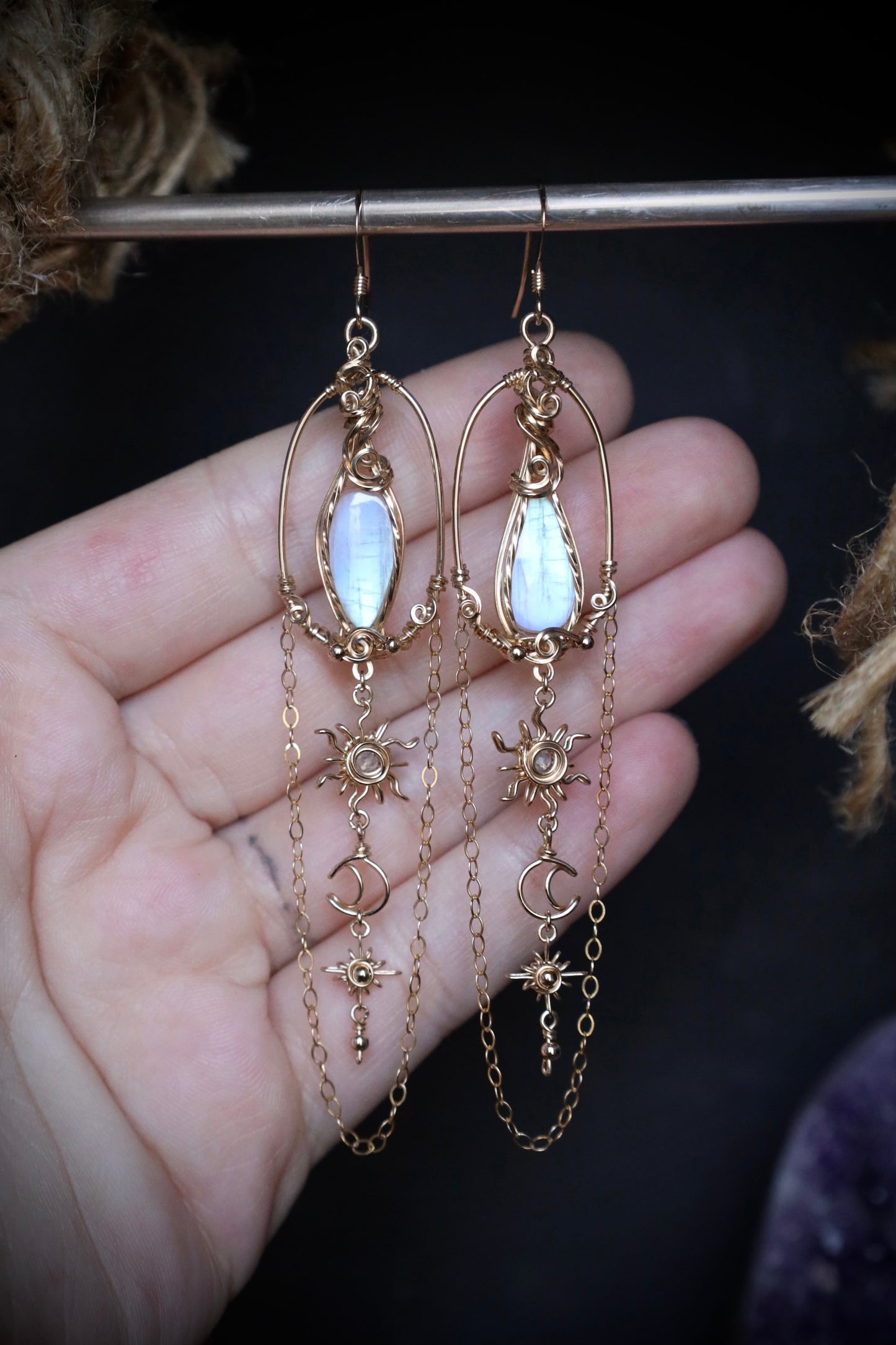 AAA Moonstone Sun, Moon and Star Earrings in 14k Gold Fill