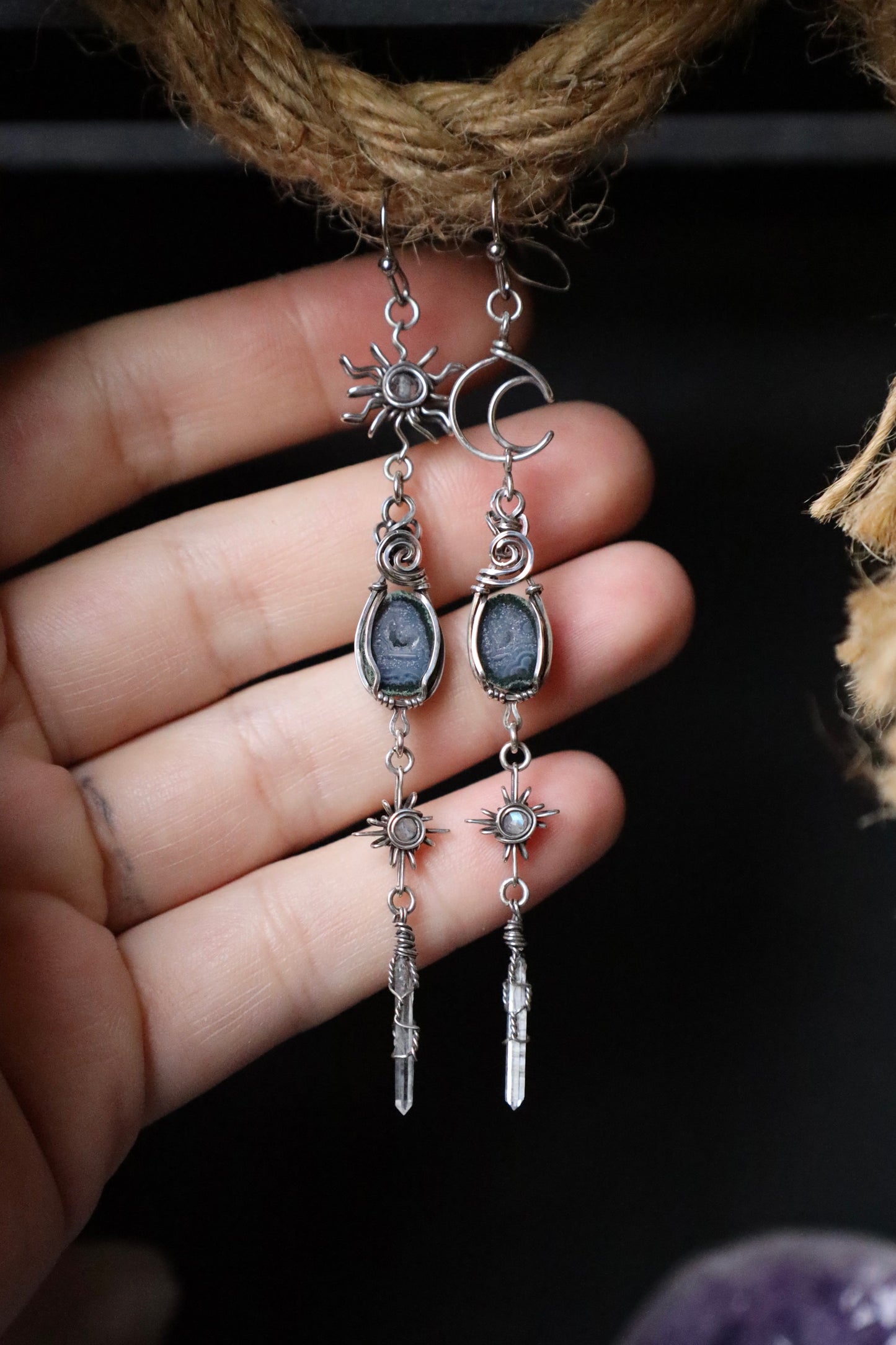 Sun, Moon, and Star Tiny Tabasco Geode Earrings in Antiqued Solid Sterling Silver