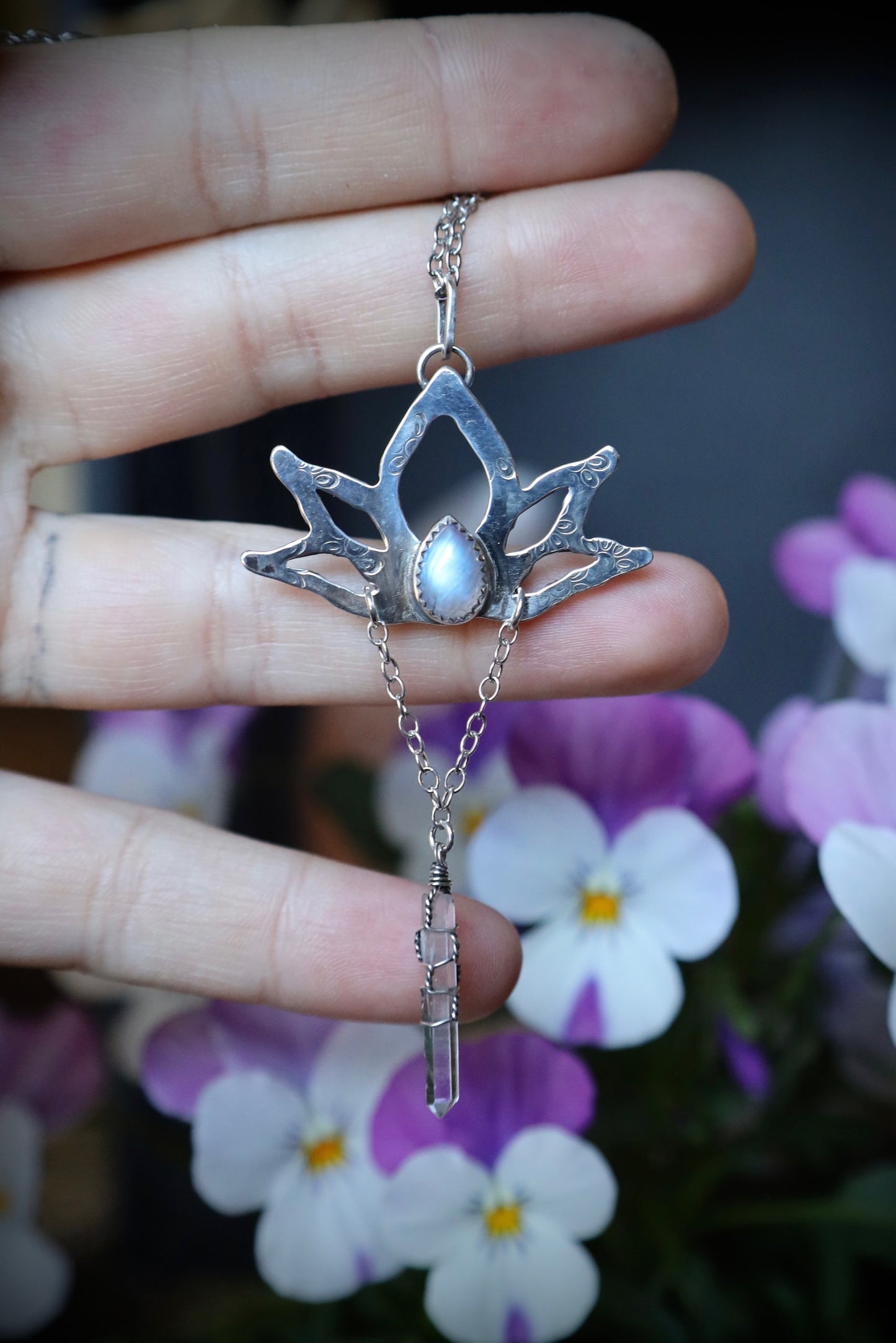 Moonstone and Quartz Crystal Lotus Necklace in Solid Sterling Silver