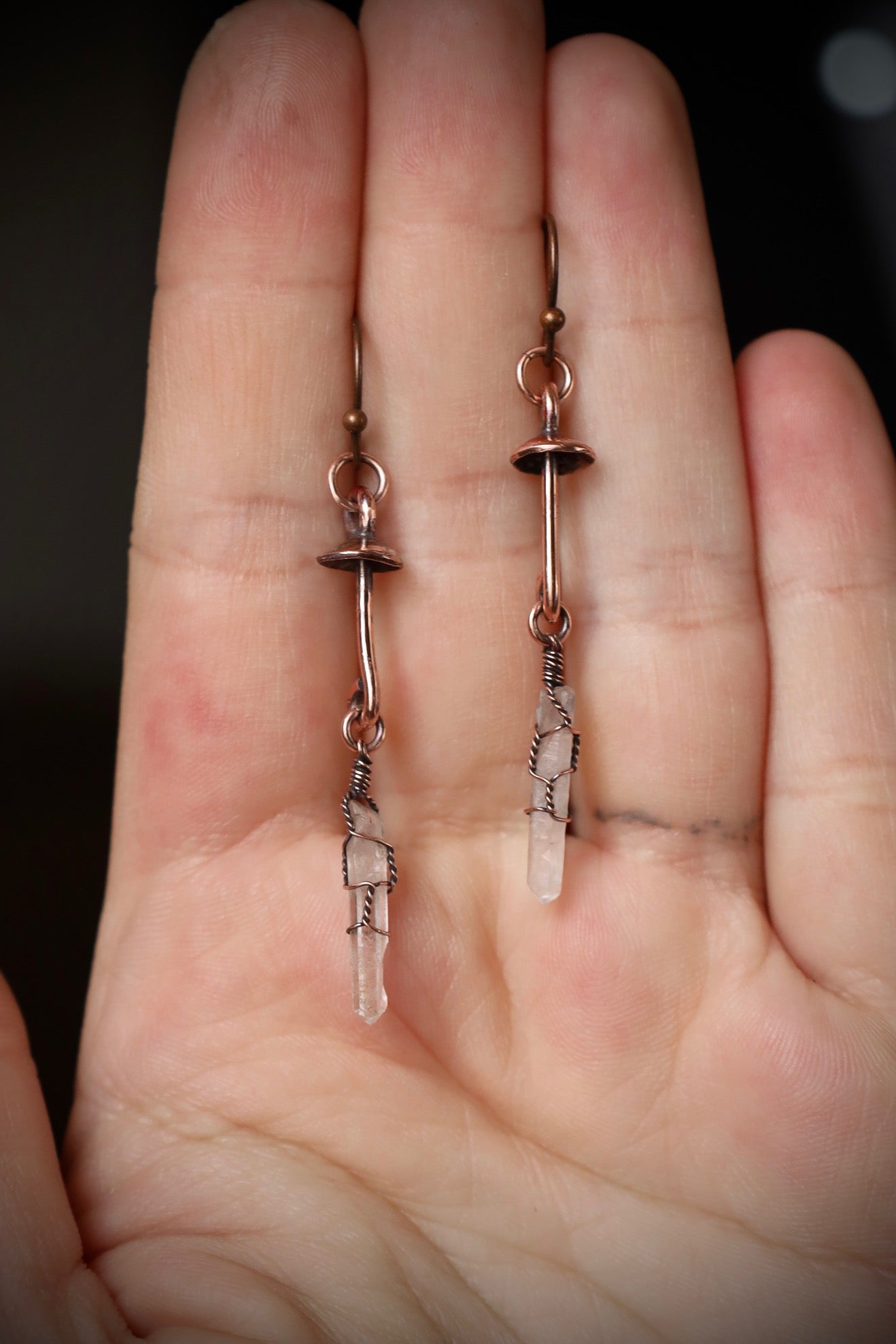 Mushroom Boho Quartz Crystal Earrings in Copper