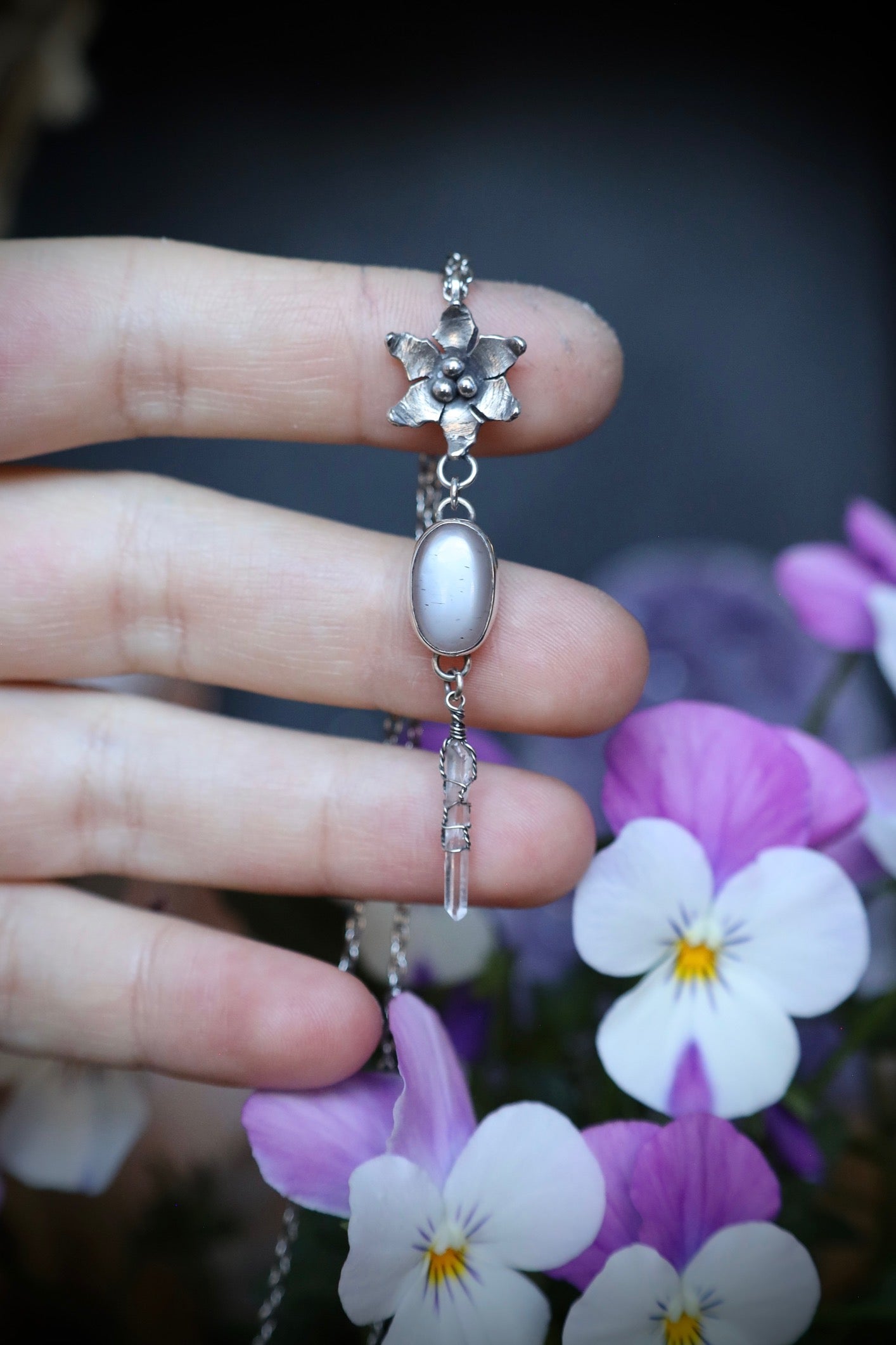 Gray Moonstone and Quartz Crystal Flower Necklace in Solid Sterling Silver