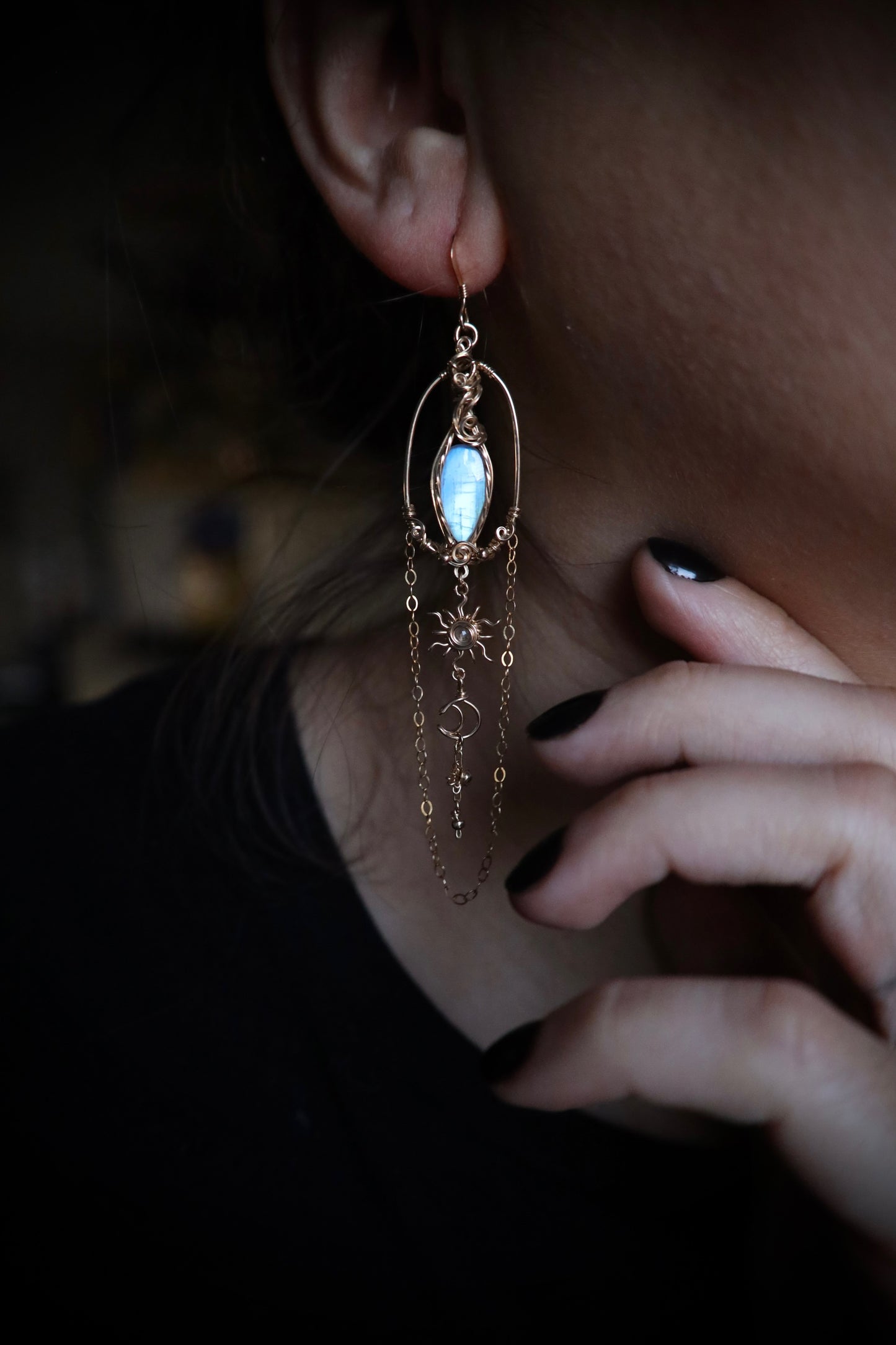 AAA Moonstone Sun, Moon and Star Earrings in 14k Gold Fill