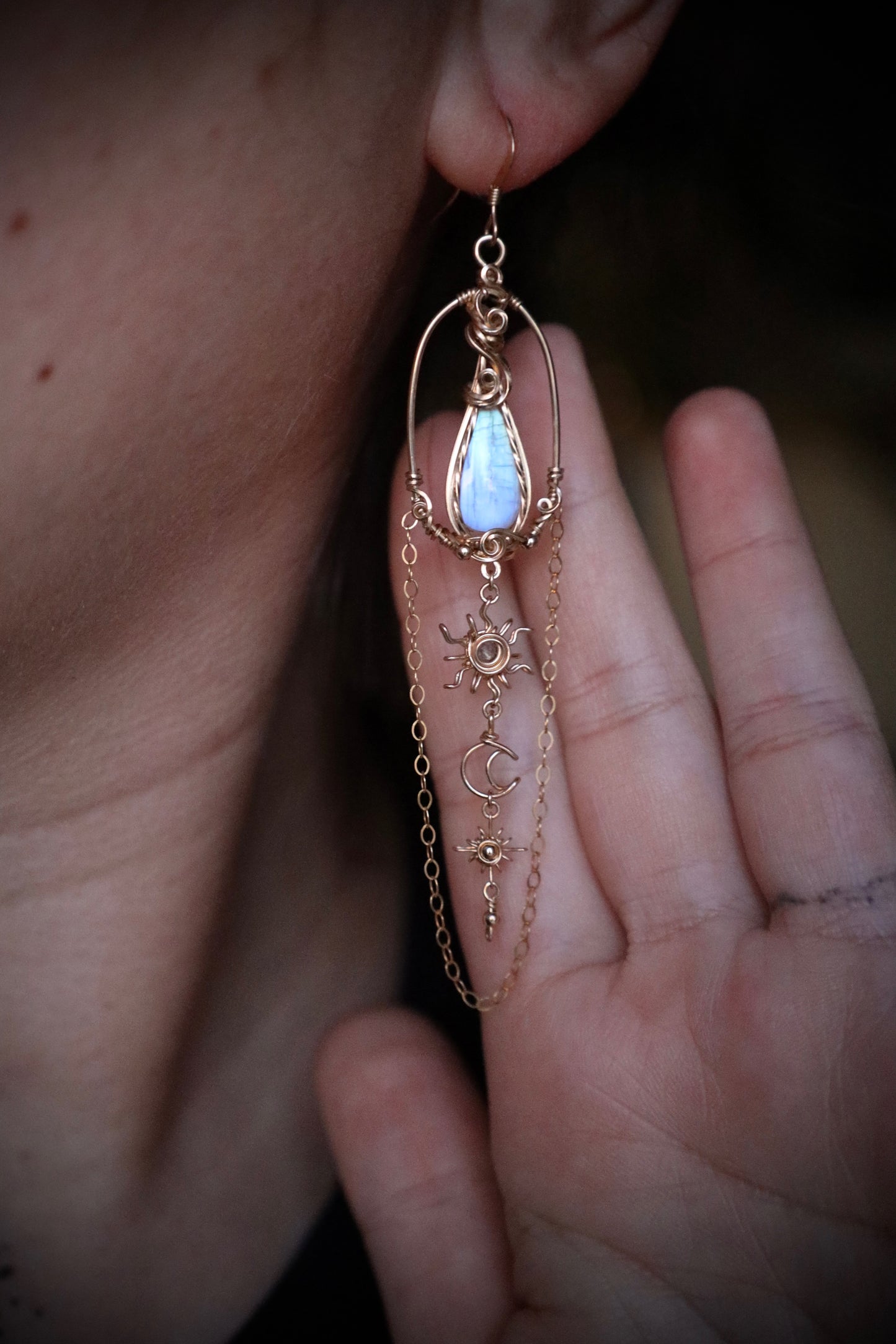 AAA Moonstone Sun, Moon and Star Earrings in 14k Gold Fill
