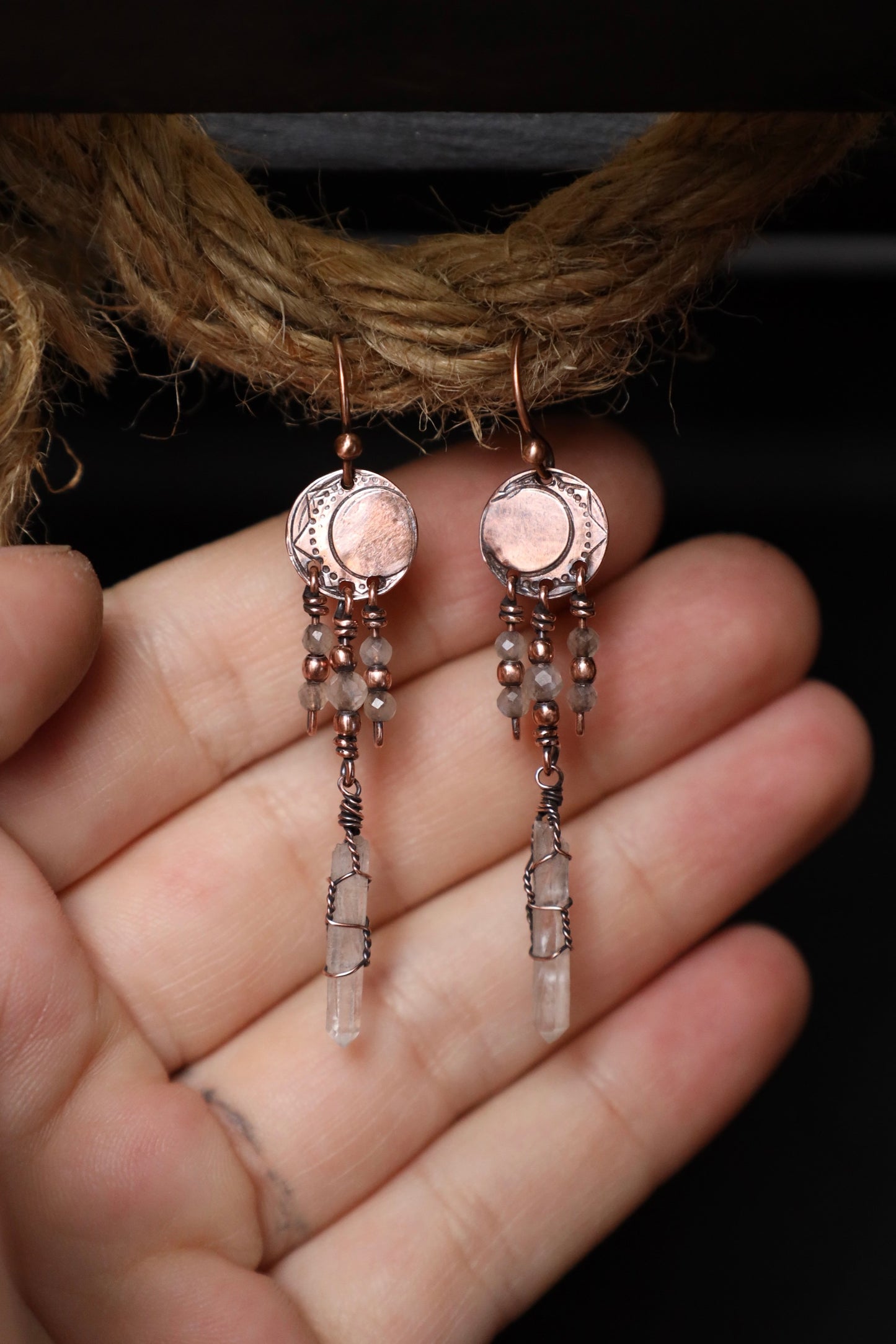 Moon Boho Quartz Crystal and Moonstone Earrings in Copper