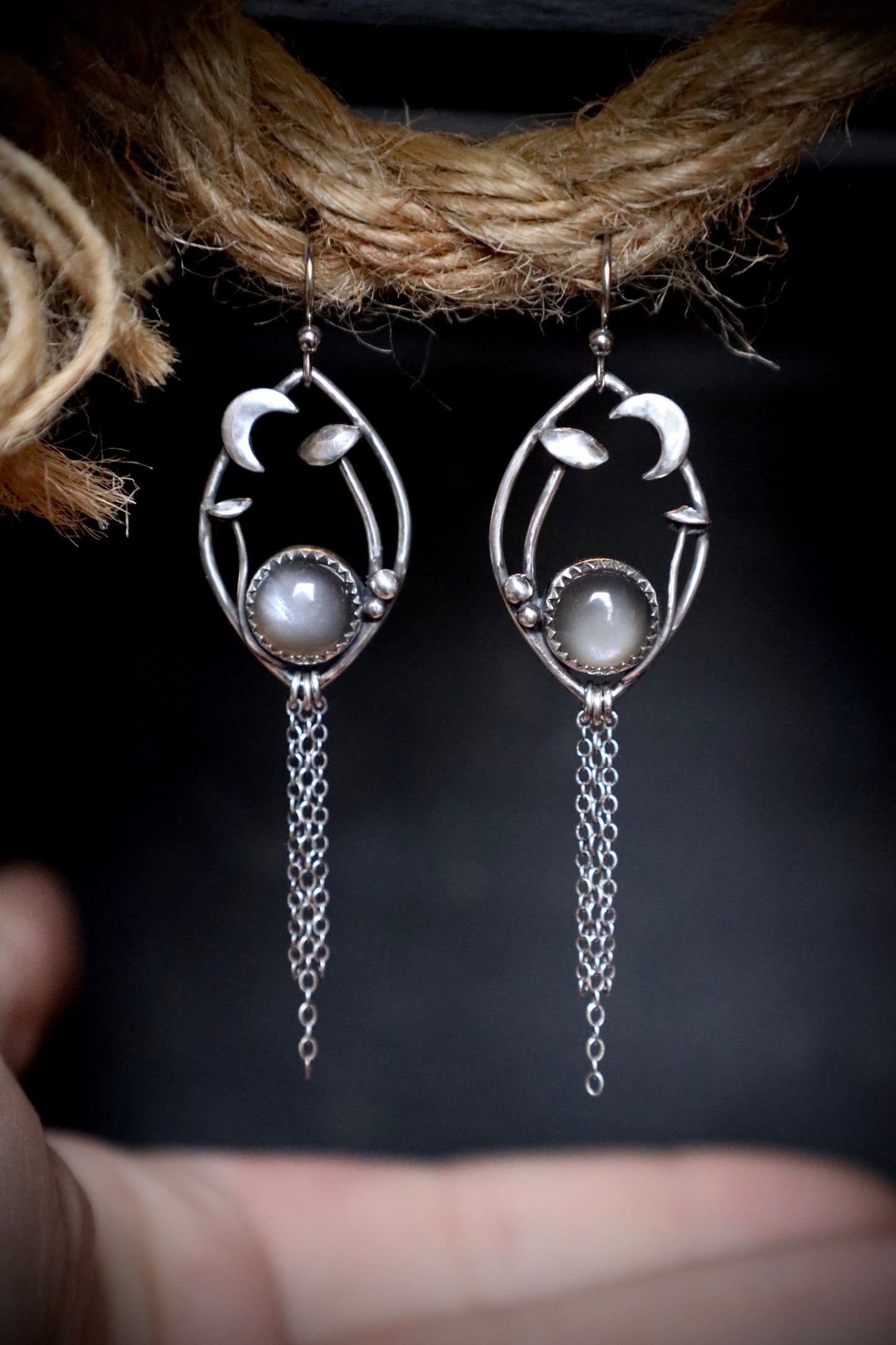Gray Moonstone Mushroom and Moon Earrings in Solid Sterling Silver