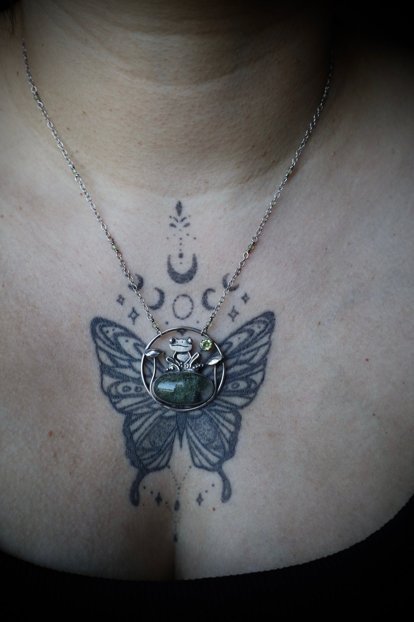 Garden Quartz and Peridot Frog and Mushroom Necklace in Solid Sterling Silver