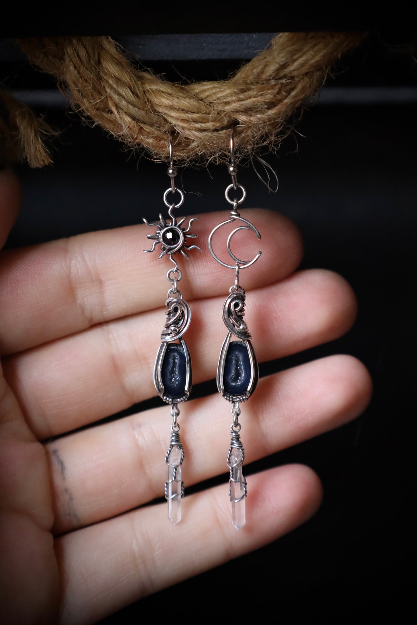 Sun and Moon Tiny Tabasco Geode Earrings in Antiqued Solid Sterling Silver