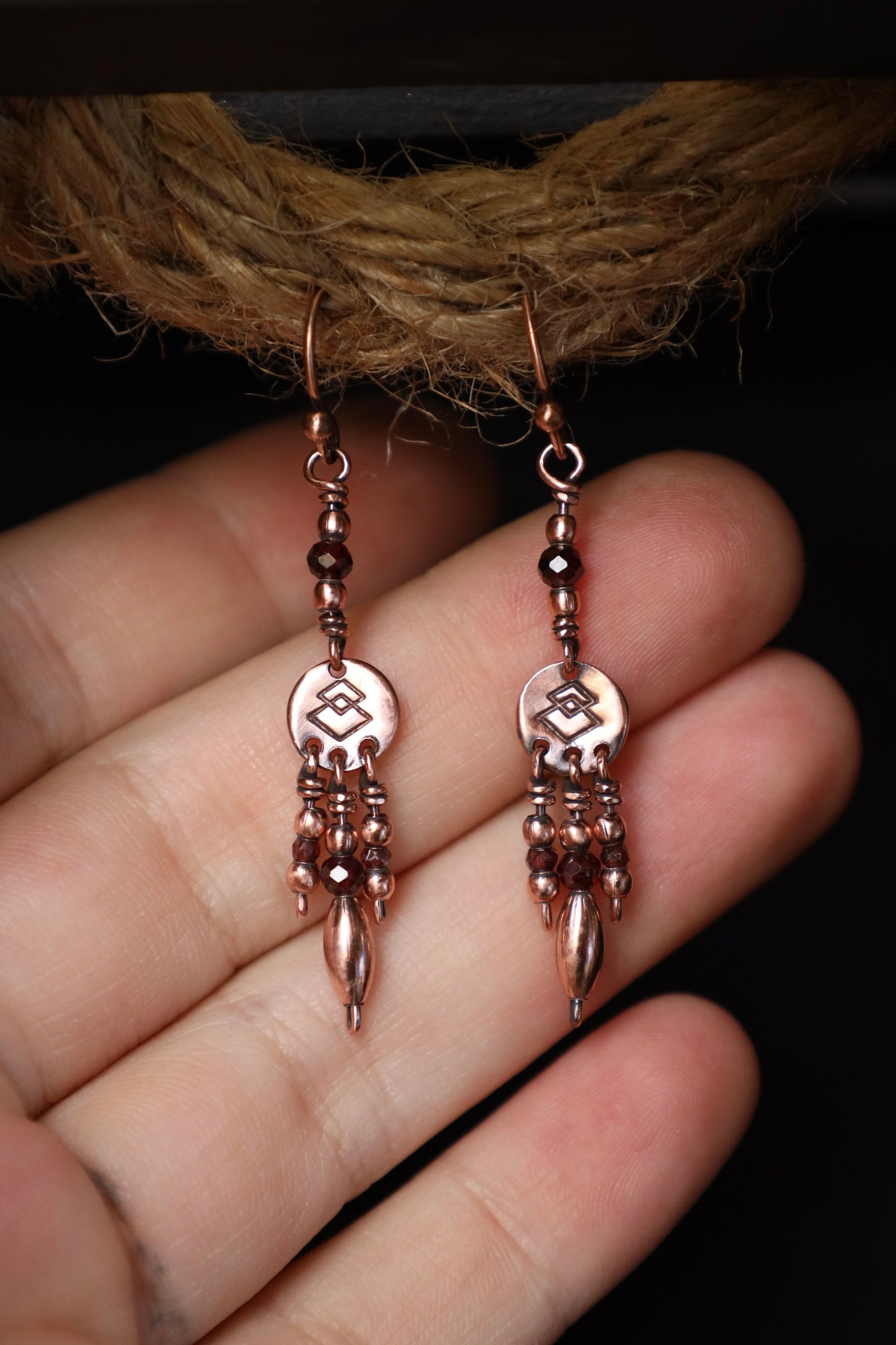 Boho Garnet Earrings in Copper