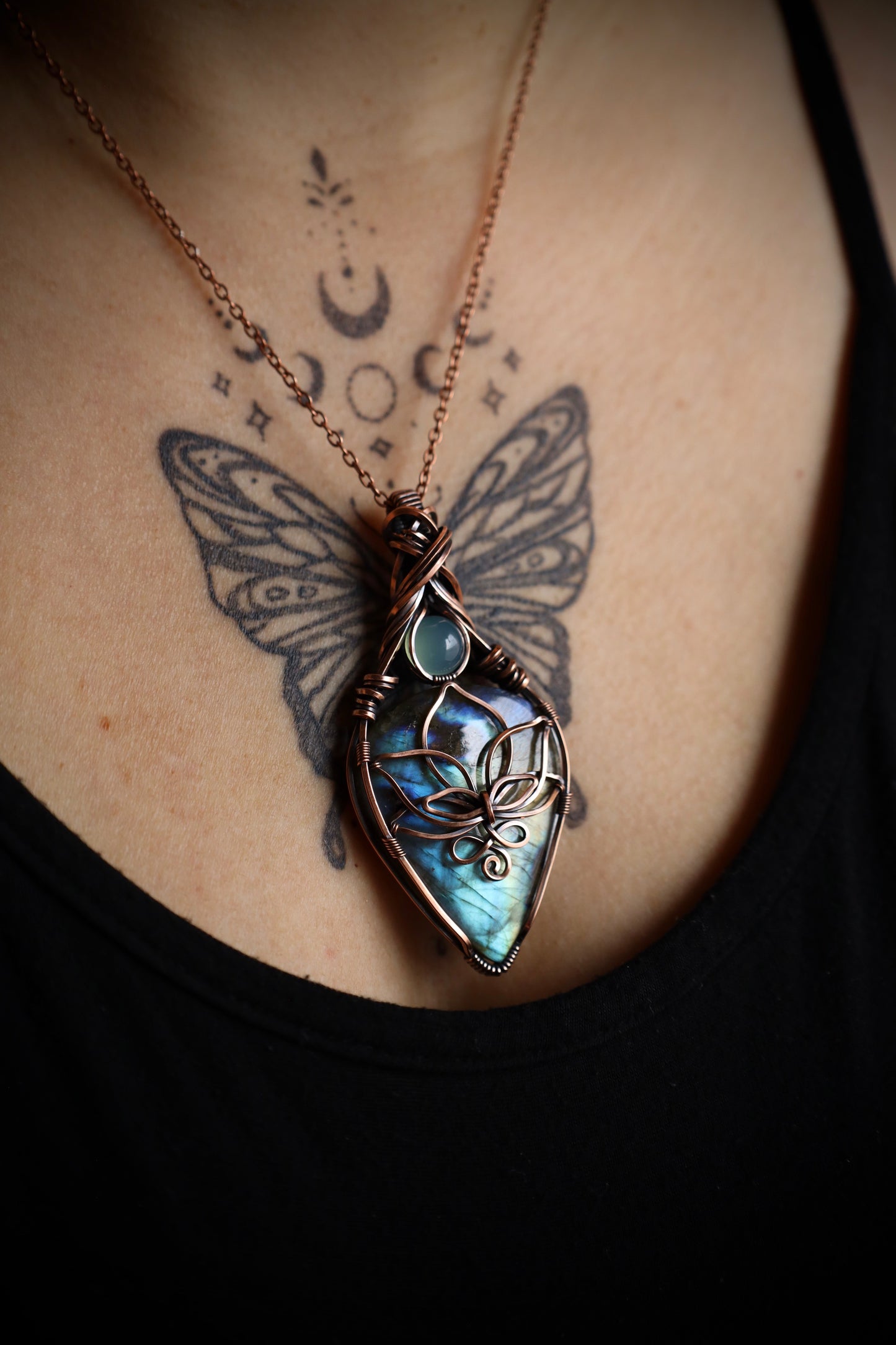 Statement Size-Labradorite and Blue Chalcedony Lotus Pendant in Copper