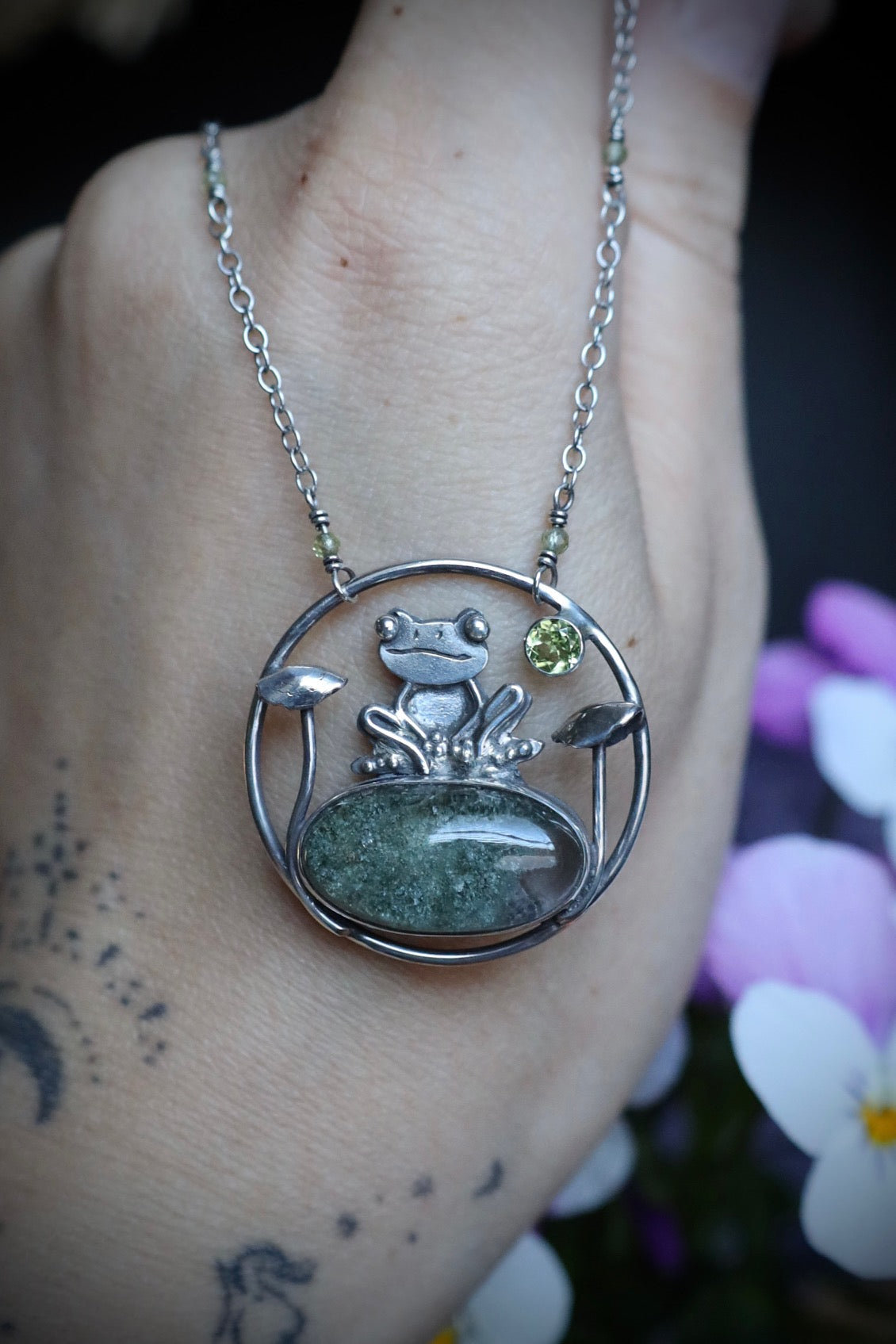 Garden Quartz and Peridot Frog and Mushroom Necklace in Solid Sterling Silver
