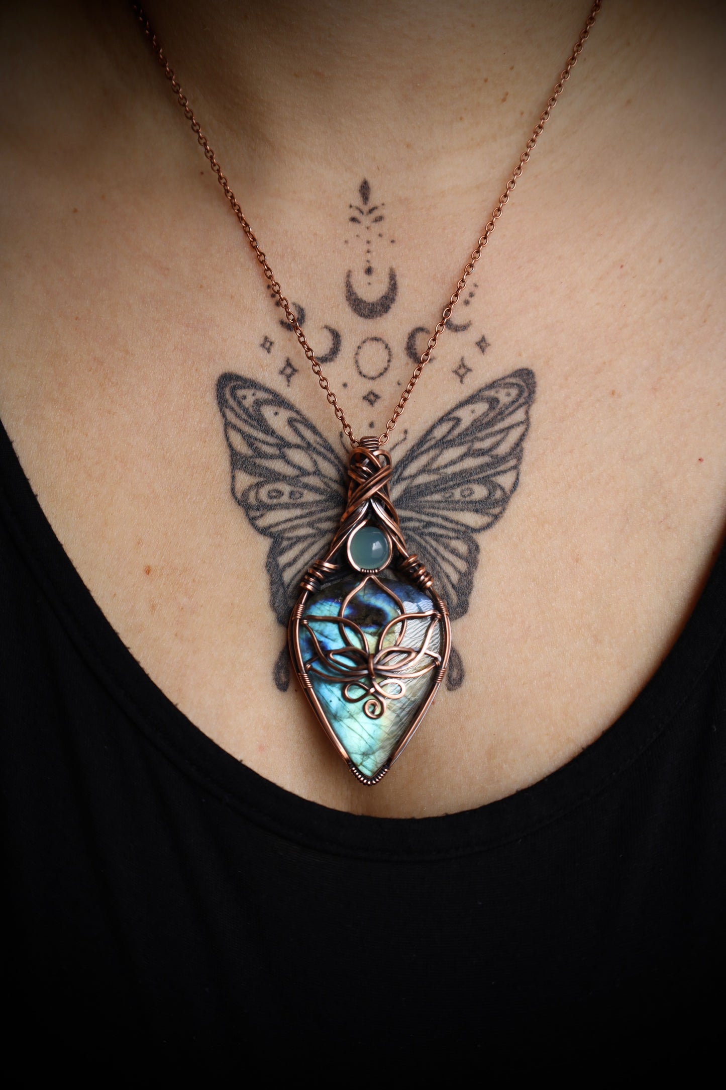 Statement Size-Labradorite and Blue Chalcedony Lotus Pendant in Copper