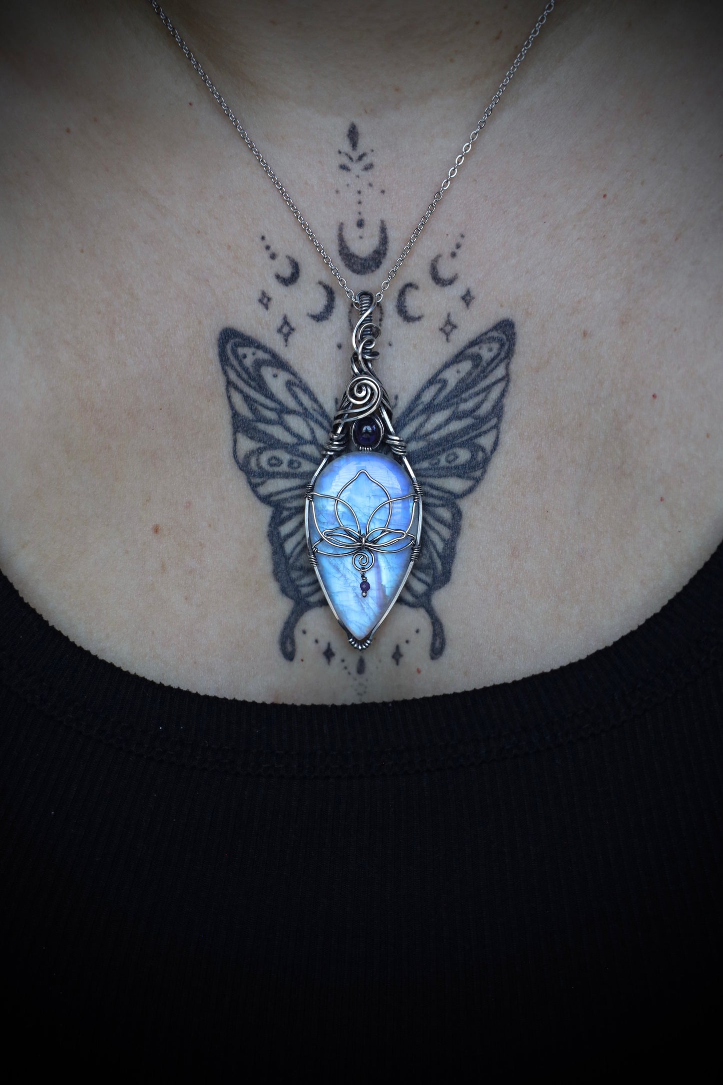 Moonstone and Iolite Lotus Pendant in Solid Sterling Silver