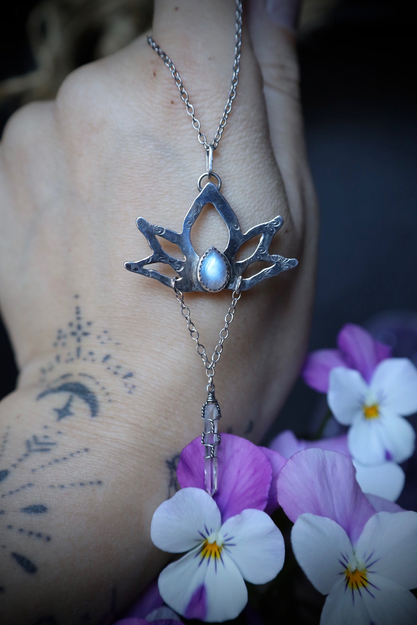 Moonstone and Quartz Crystal Lotus Necklace in Solid Sterling Silver