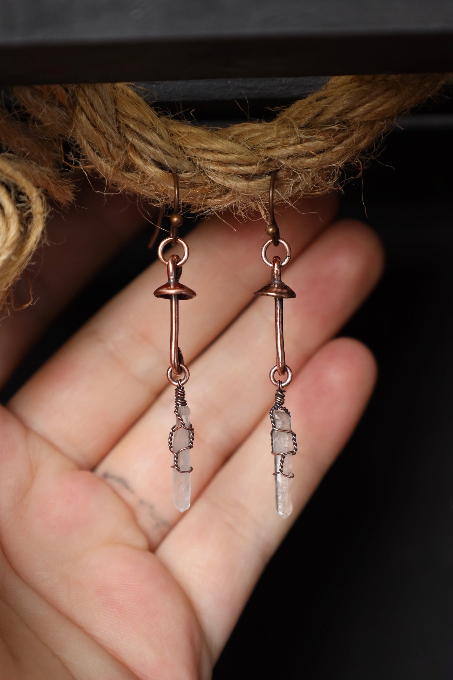 Mushroom Boho Quartz Crystal Earrings in Copper