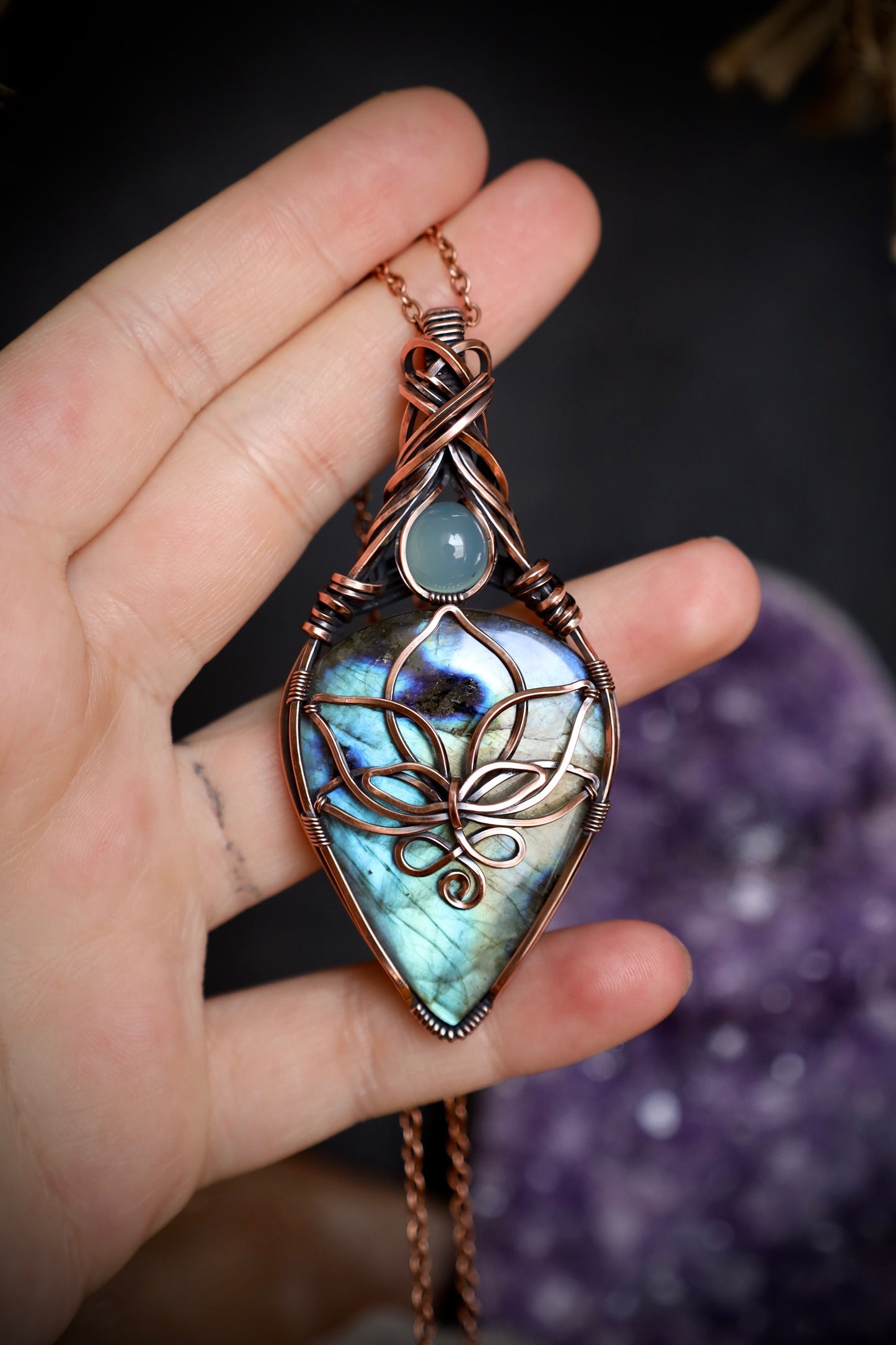 Statement Size-Labradorite and Blue Chalcedony Lotus Pendant in Copper