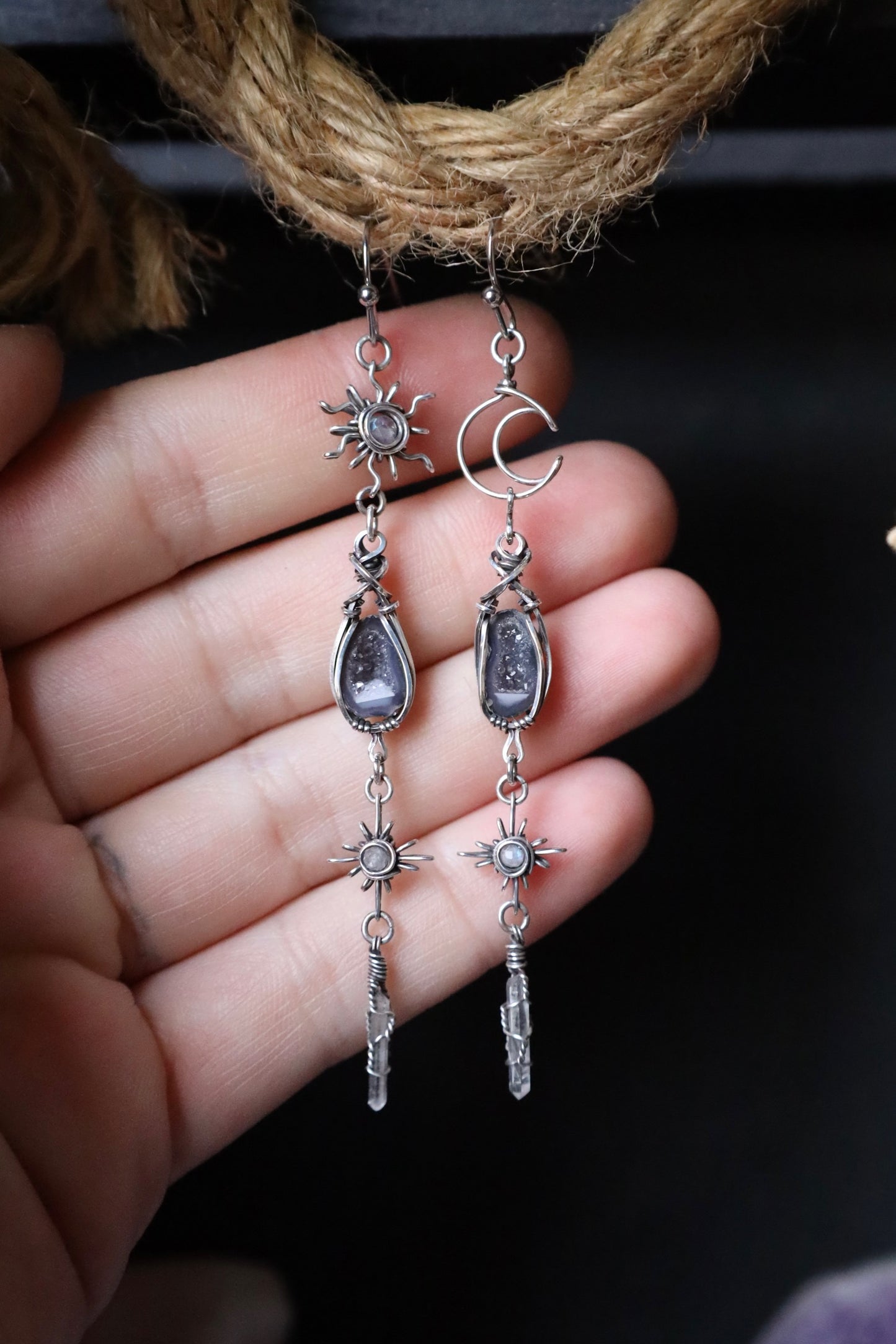 Sun, Moon, and Star Tiny Tabasco Geode Earrings in Antiqued Solid Sterling Silver