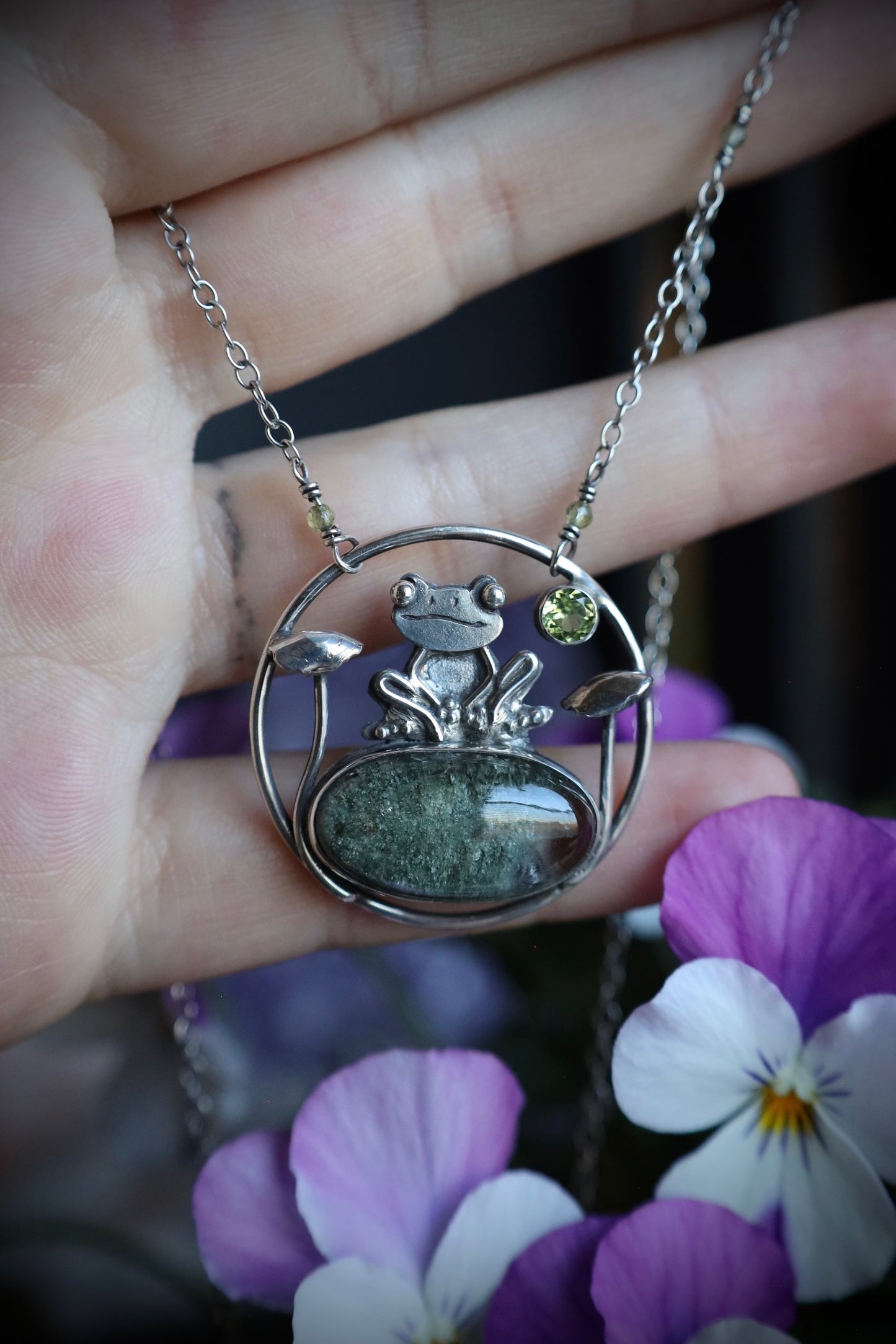 Garden Quartz and Peridot Frog and Mushroom Necklace in Solid Sterling Silver