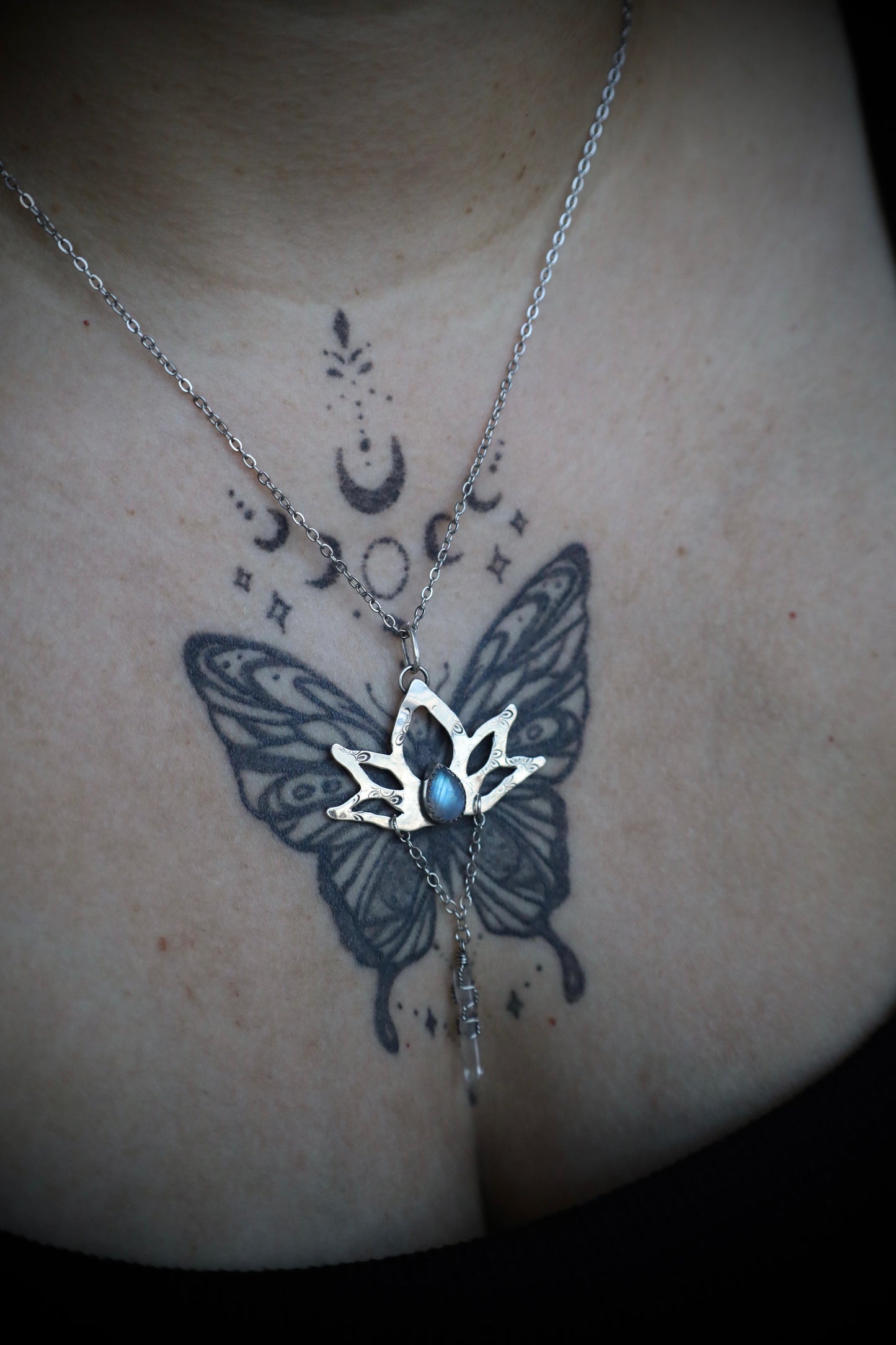 Moonstone and Quartz Crystal Lotus Necklace in Solid Sterling Silver