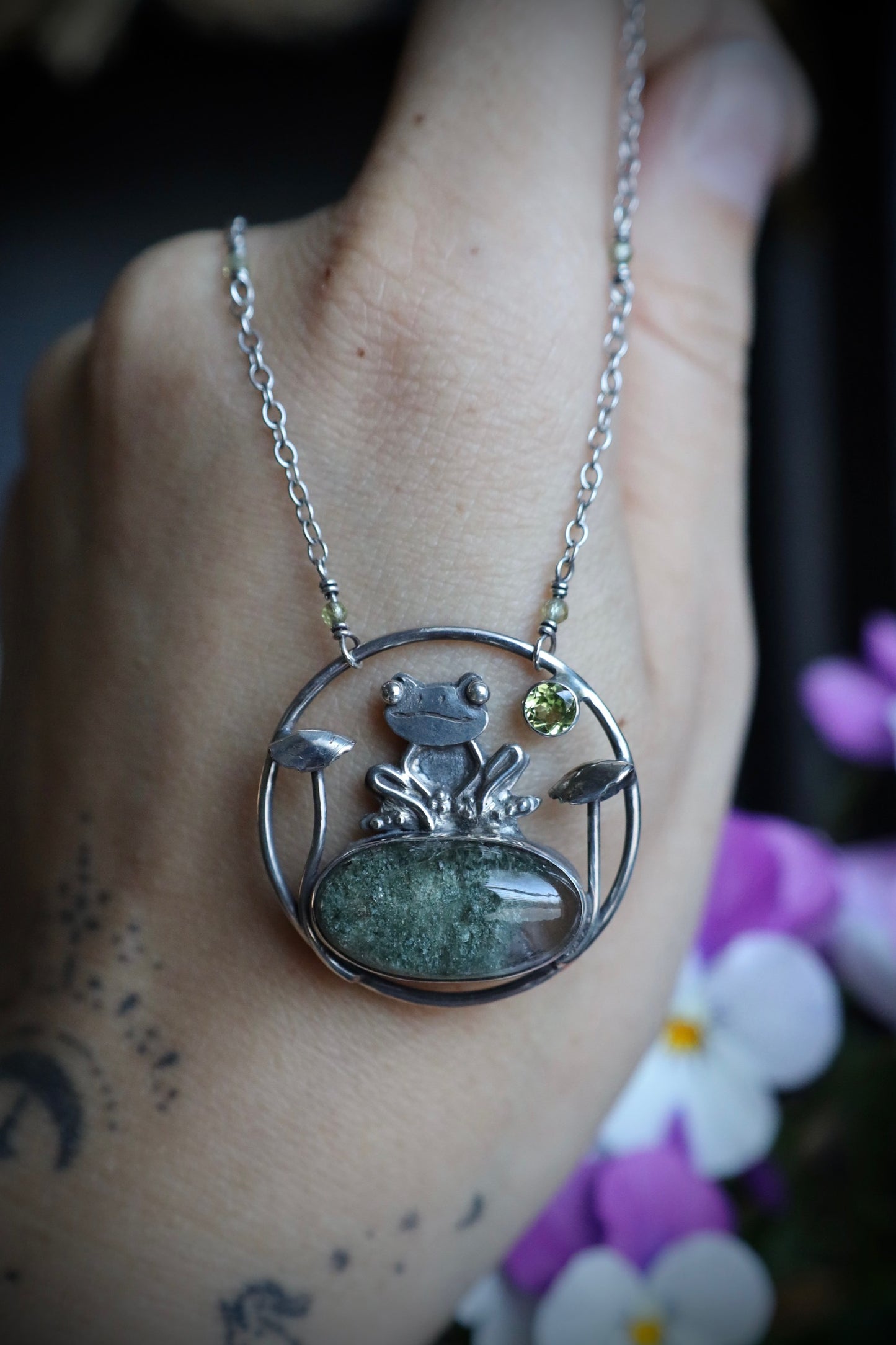 Garden Quartz and Peridot Frog and Mushroom Necklace in Solid Sterling Silver