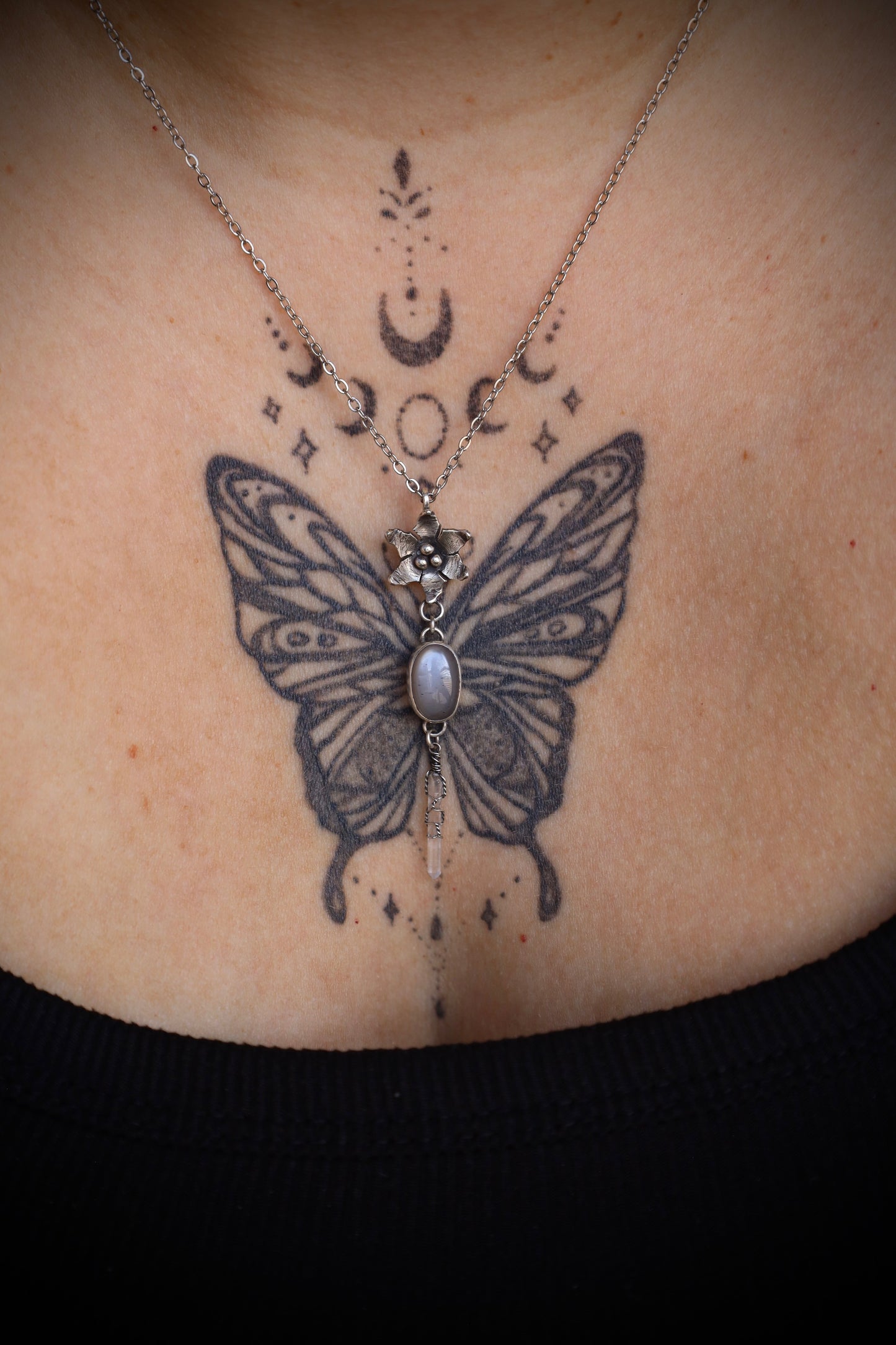 Gray Moonstone and Quartz Crystal Flower Necklace in Solid Sterling Silver