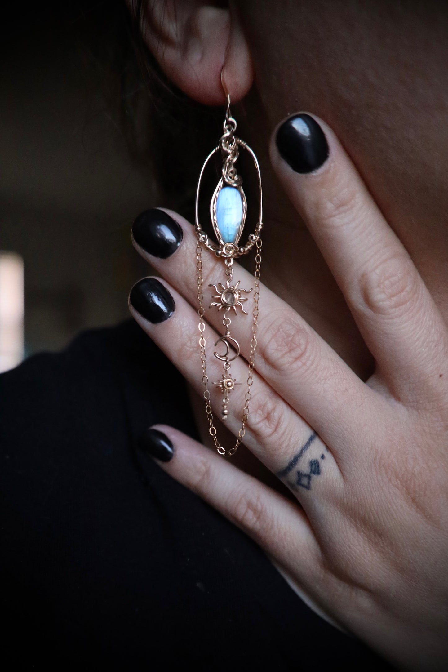 AAA Moonstone Sun, Moon and Star Earrings in 14k Gold Fill
