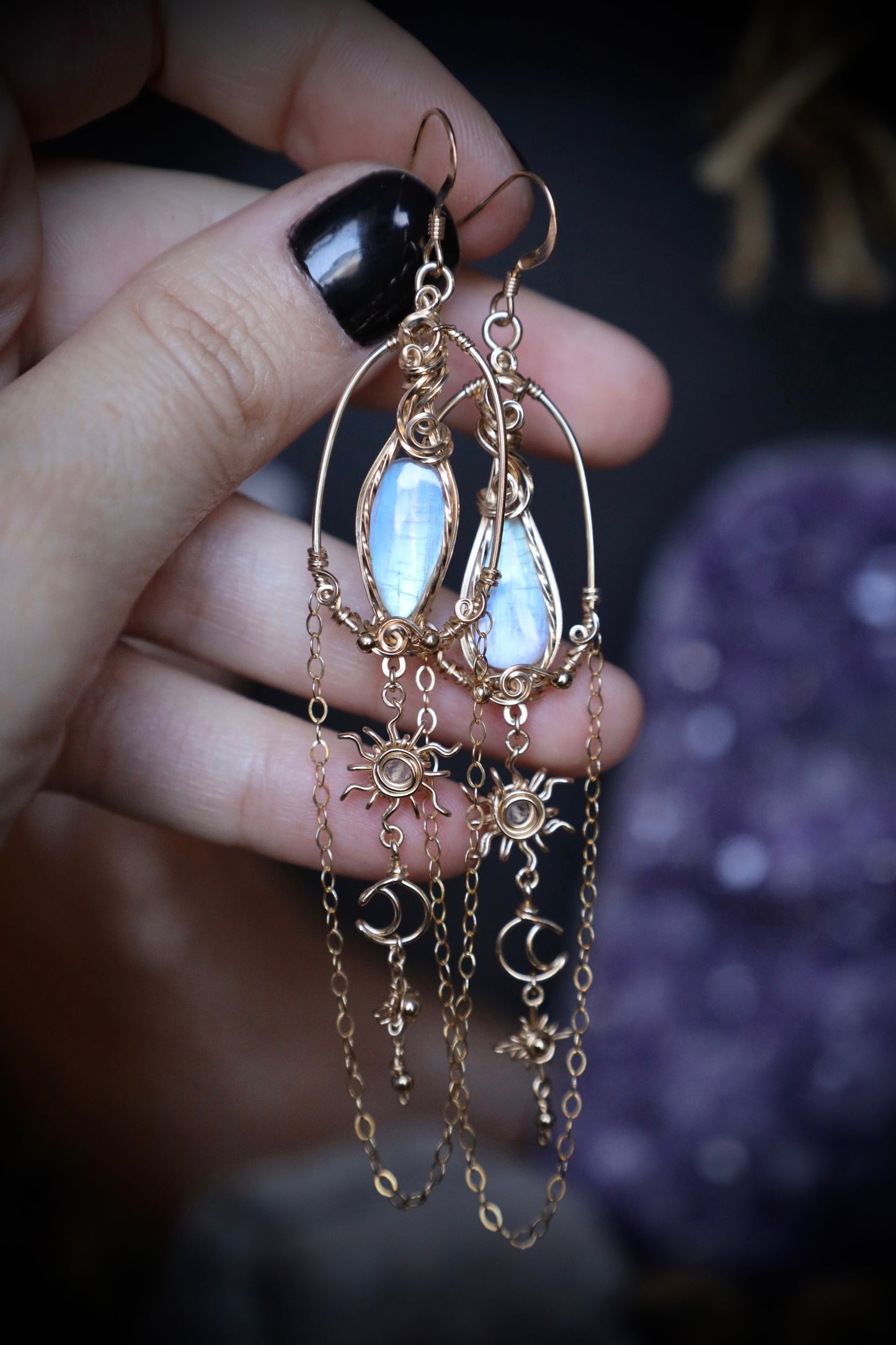 AAA Moonstone Sun, Moon and Star Earrings in 14k Gold Fill