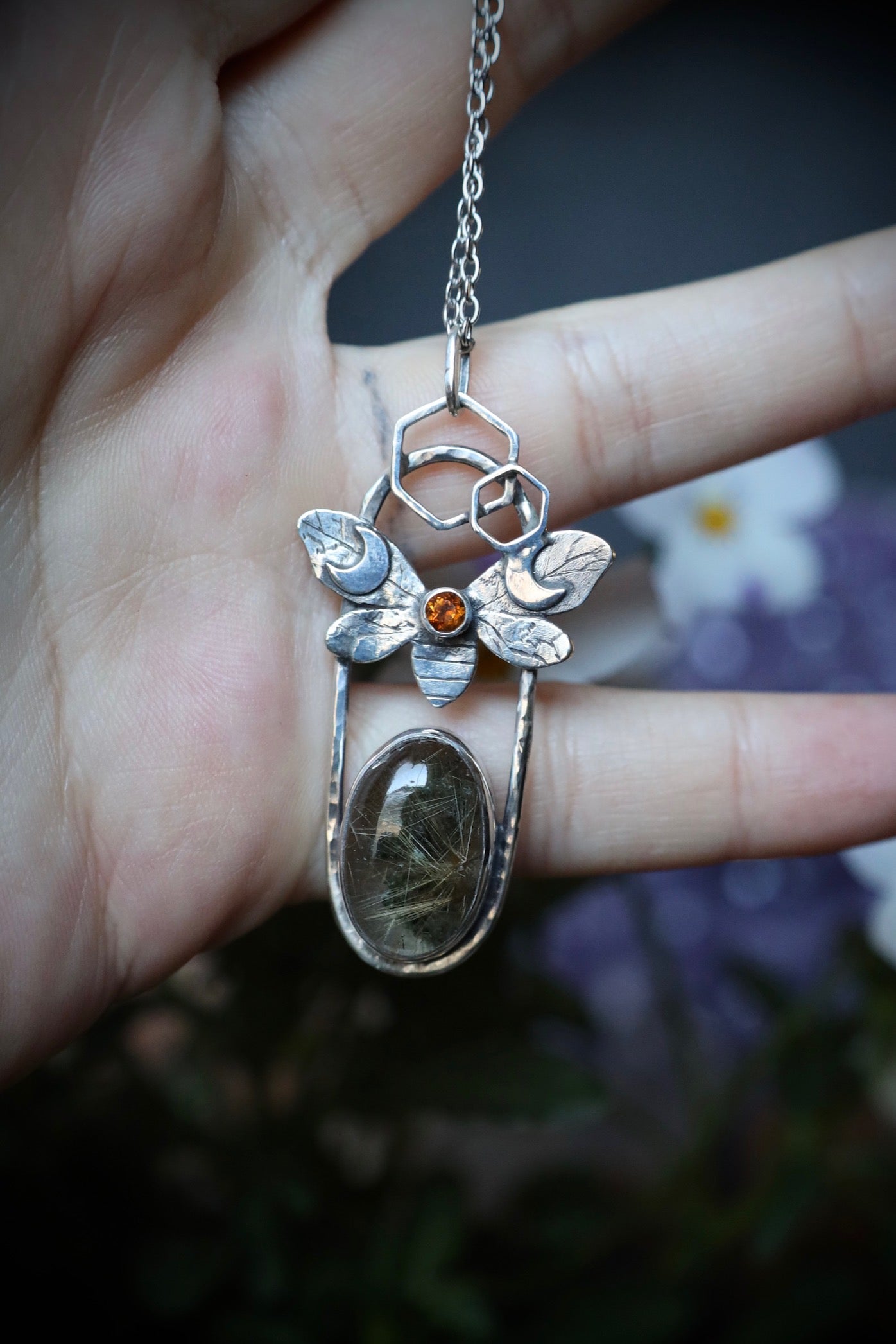 Golden Rutile Garden Quartz and Citrine Bee and Moon Pendant in Solid Sterling Silver