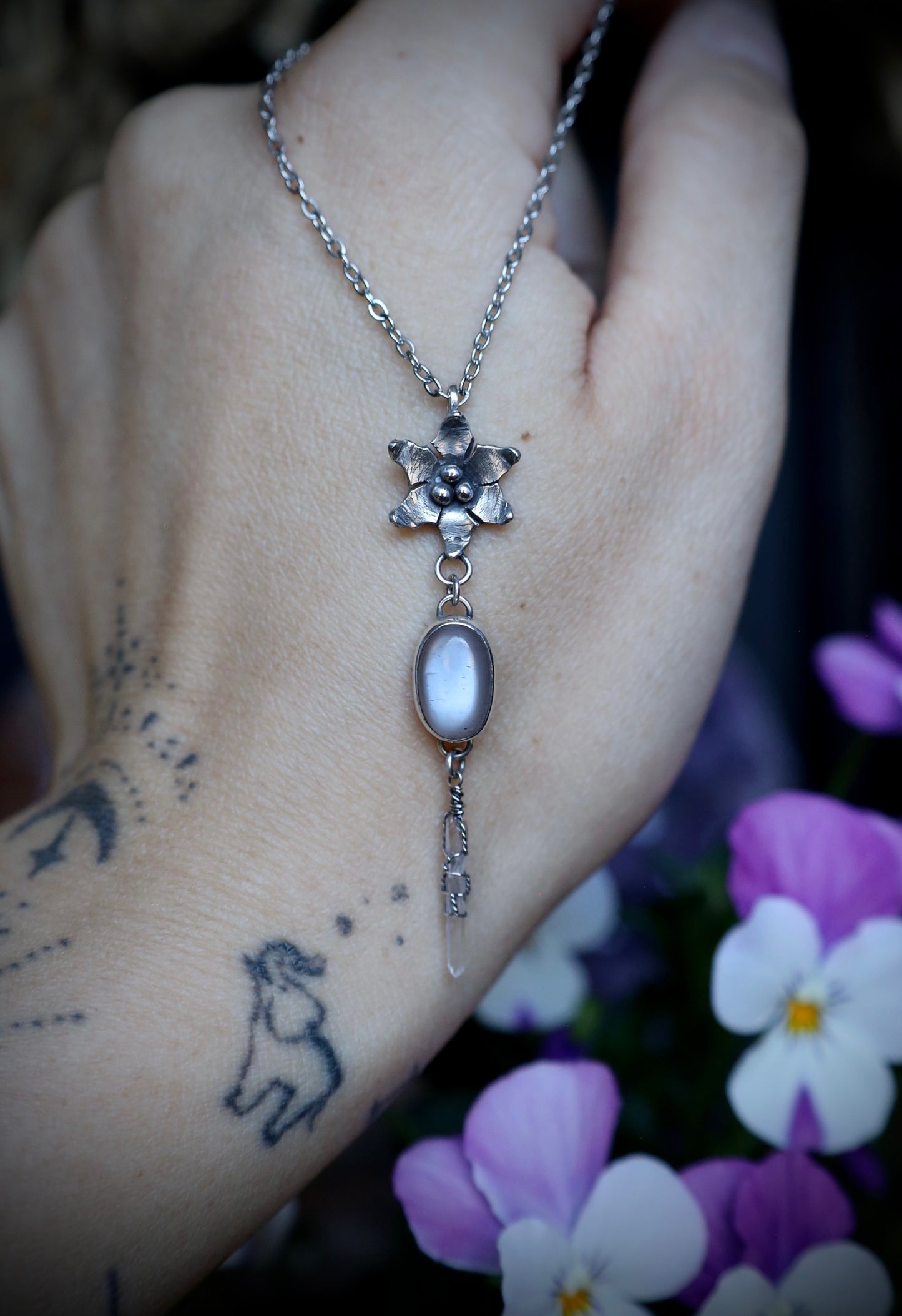 Gray Moonstone and Quartz Crystal Flower Necklace in Solid Sterling Silver