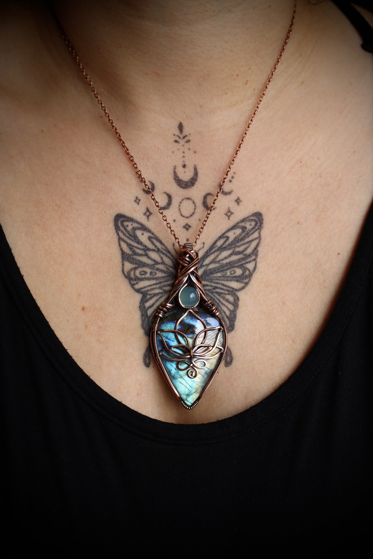 Statement Size-Labradorite and Blue Chalcedony Lotus Pendant in Copper