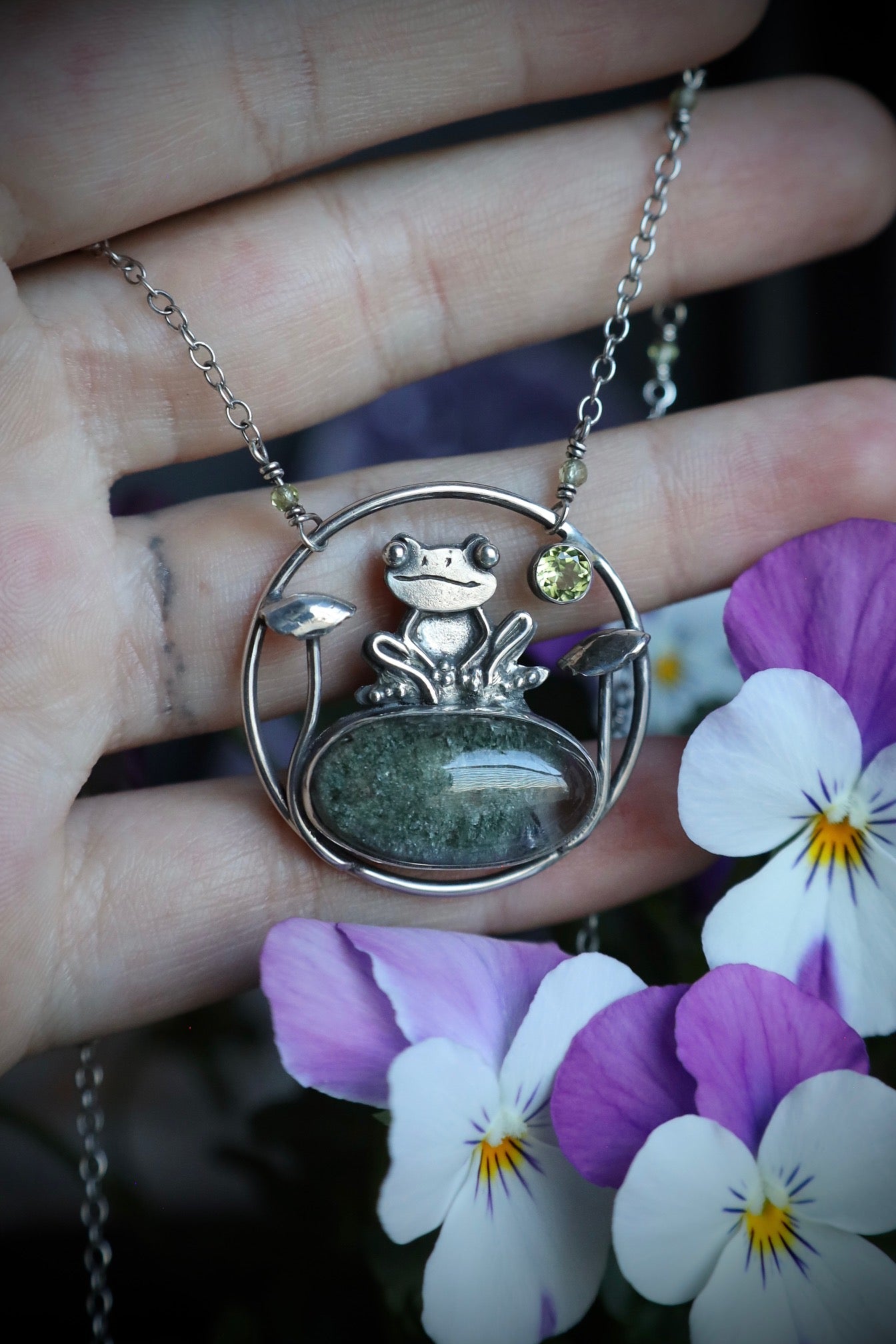 Garden Quartz and Peridot Frog and Mushroom Necklace in Solid Sterling Silver