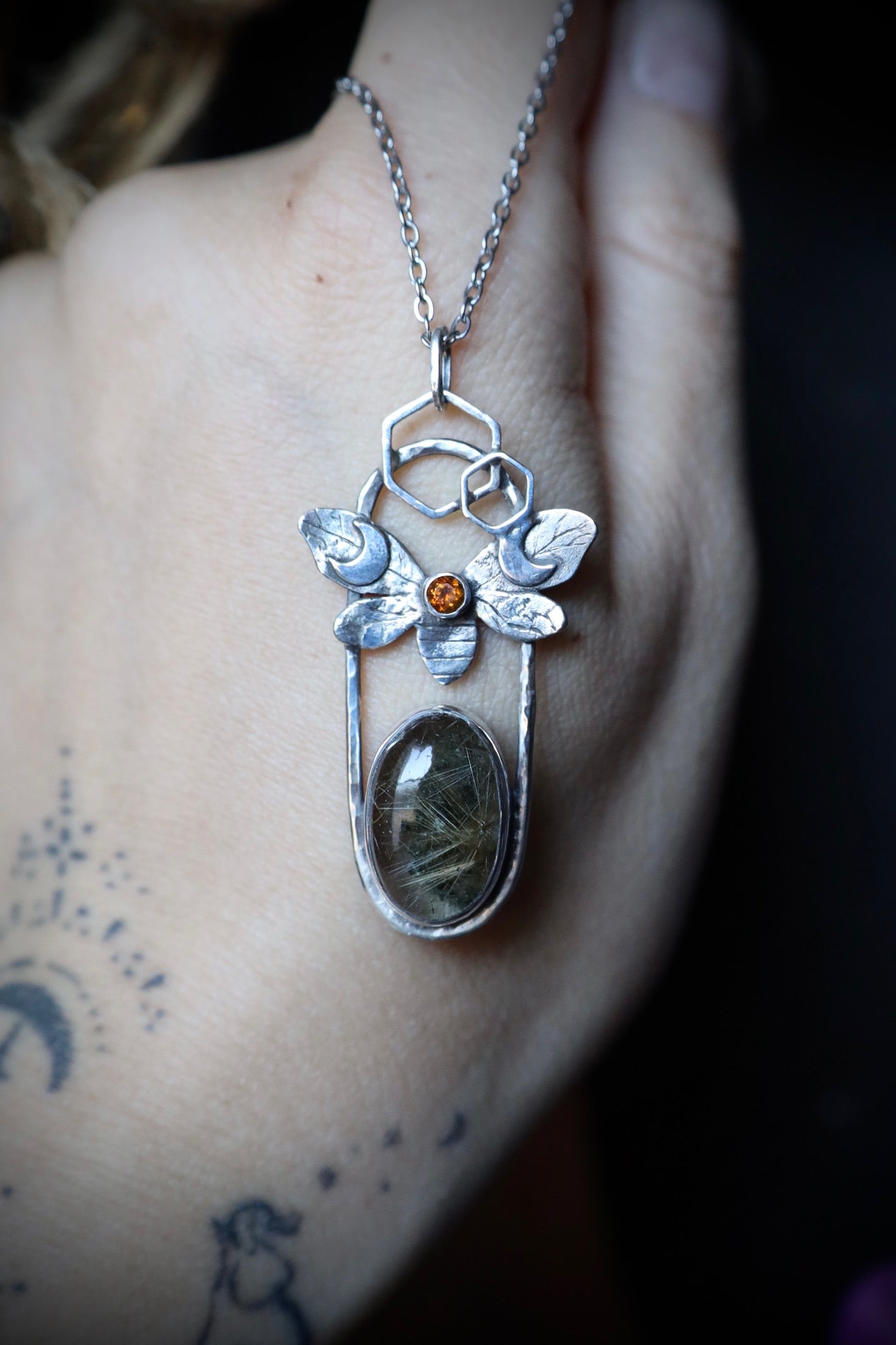 Golden Rutile Garden Quartz and Citrine Bee and Moon Pendant in Solid Sterling Silver