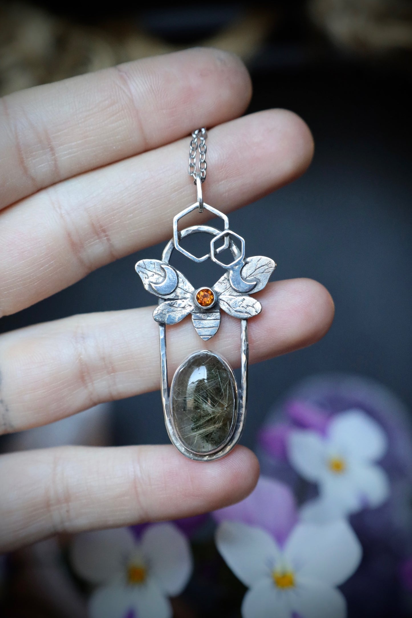 Golden Rutile Garden Quartz and Citrine Bee and Moon Pendant in Solid Sterling Silver