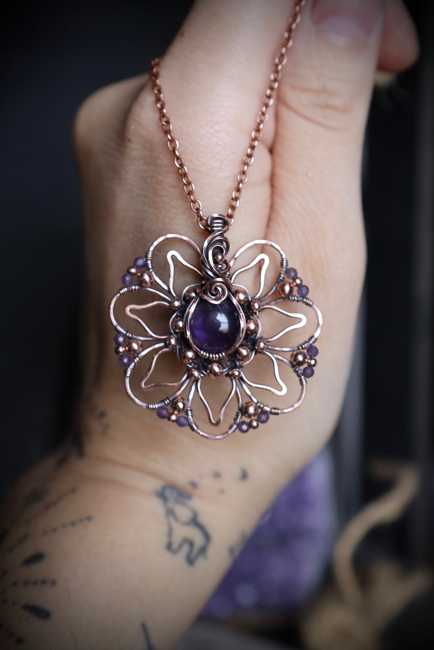 Amethyst Wildflower Mandala Pendant in Copper