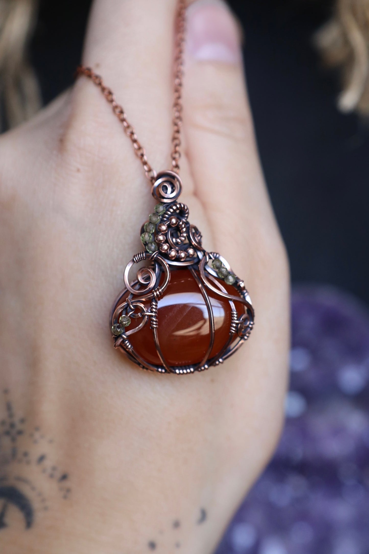 Carnelian and Peridot Pumpkin Copper Pendant