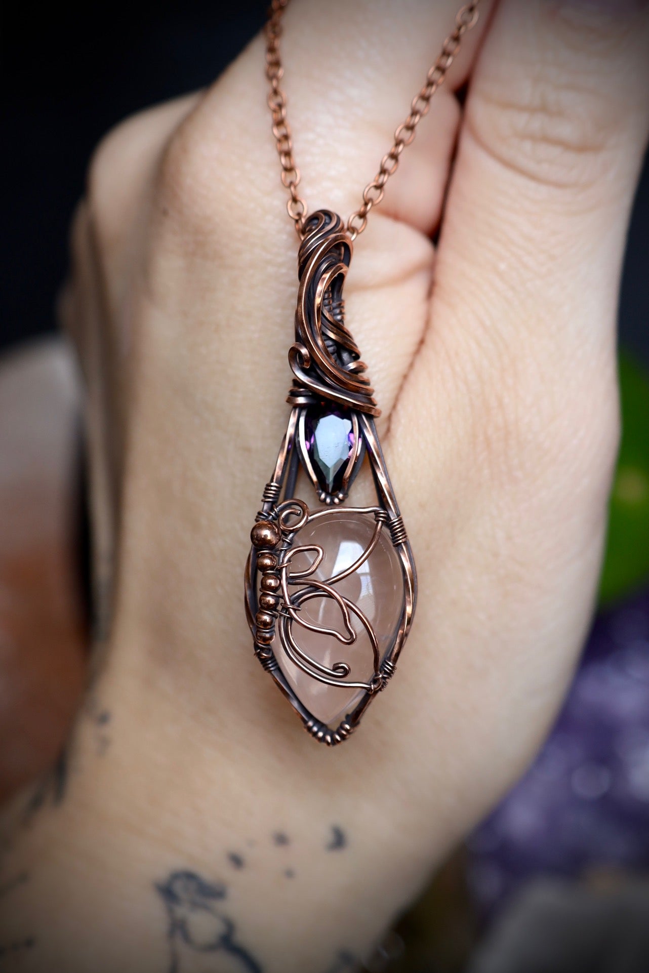 Rose Quartz and Mystic Topaz Butterfly Copper Pendant