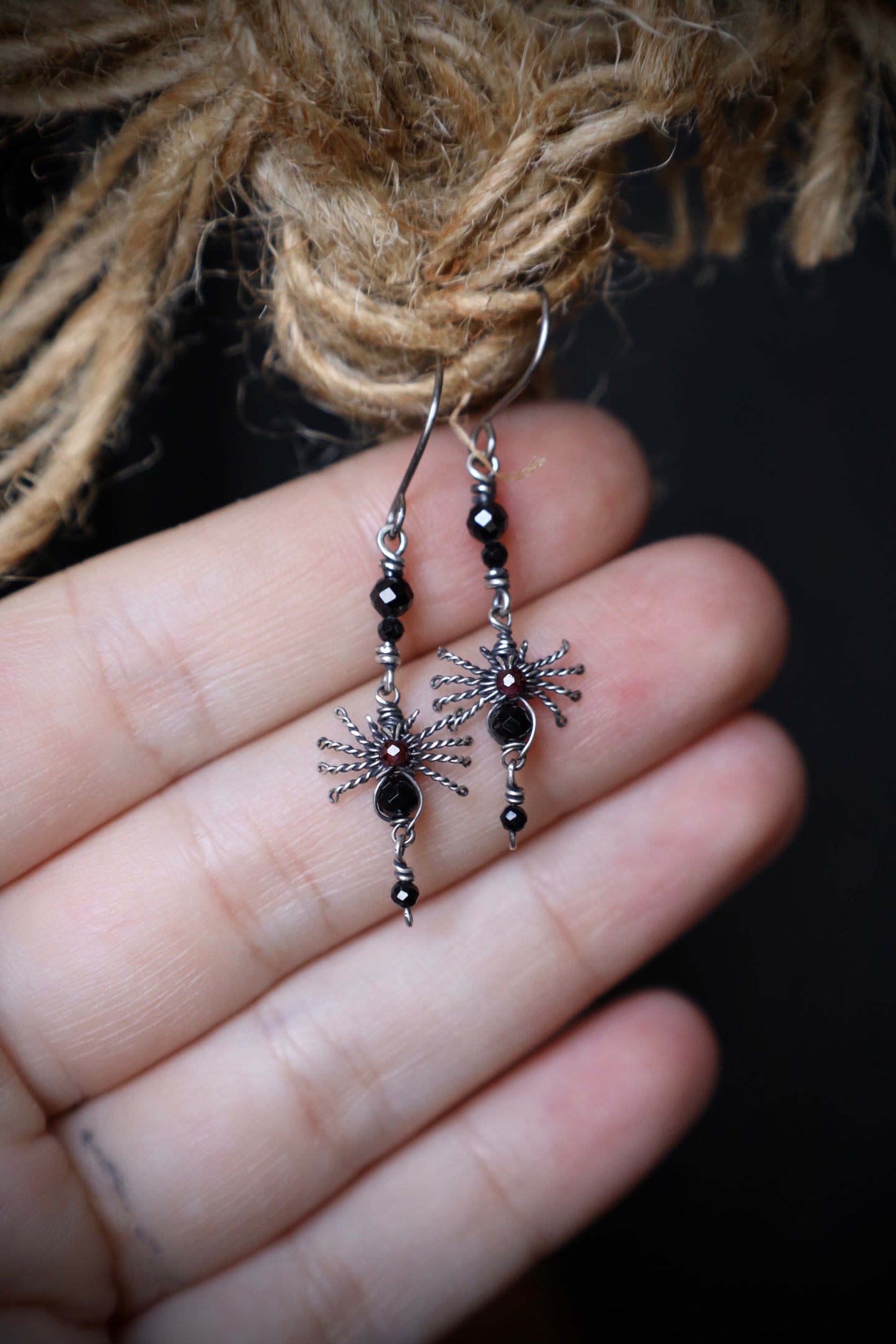 Black Spinel and Garnet Tiny Silver Spider Earrings