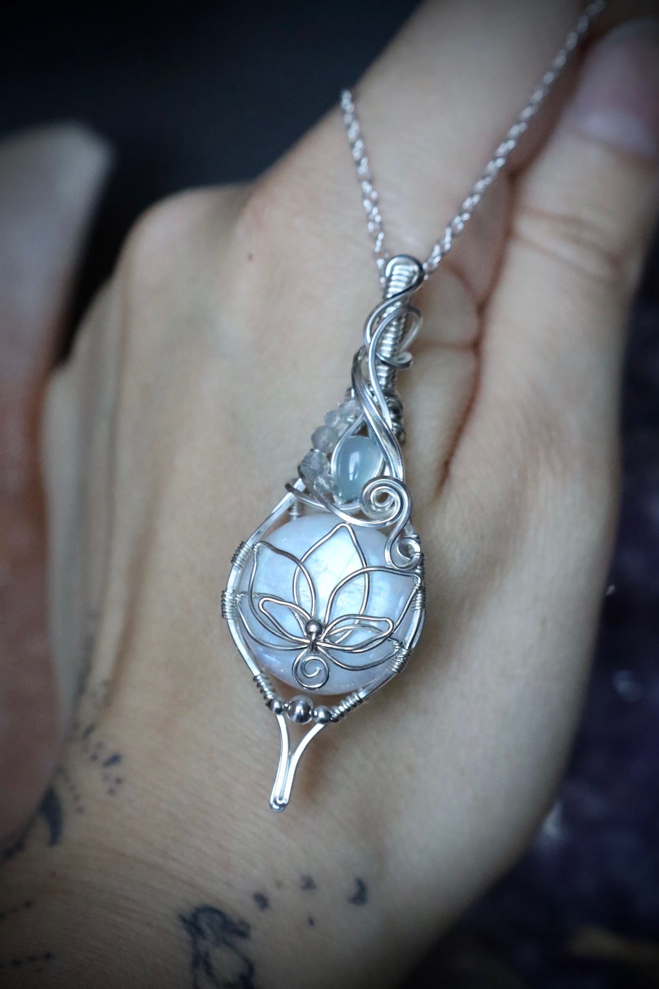 Moonstone and Aqua Chalcedony Lotus Pendant in Solid Sterling Silver