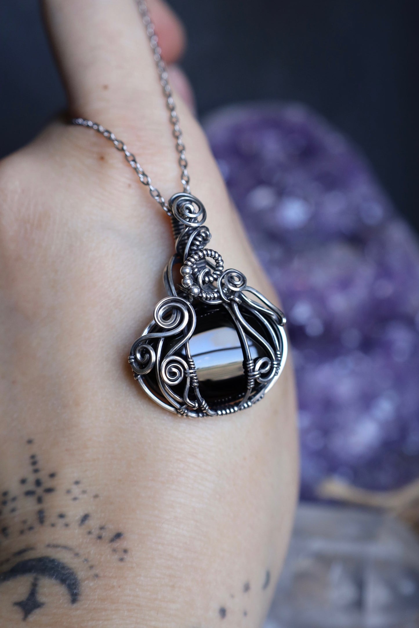 Black Agate Large Pumpkin in Solid Sterling Silver