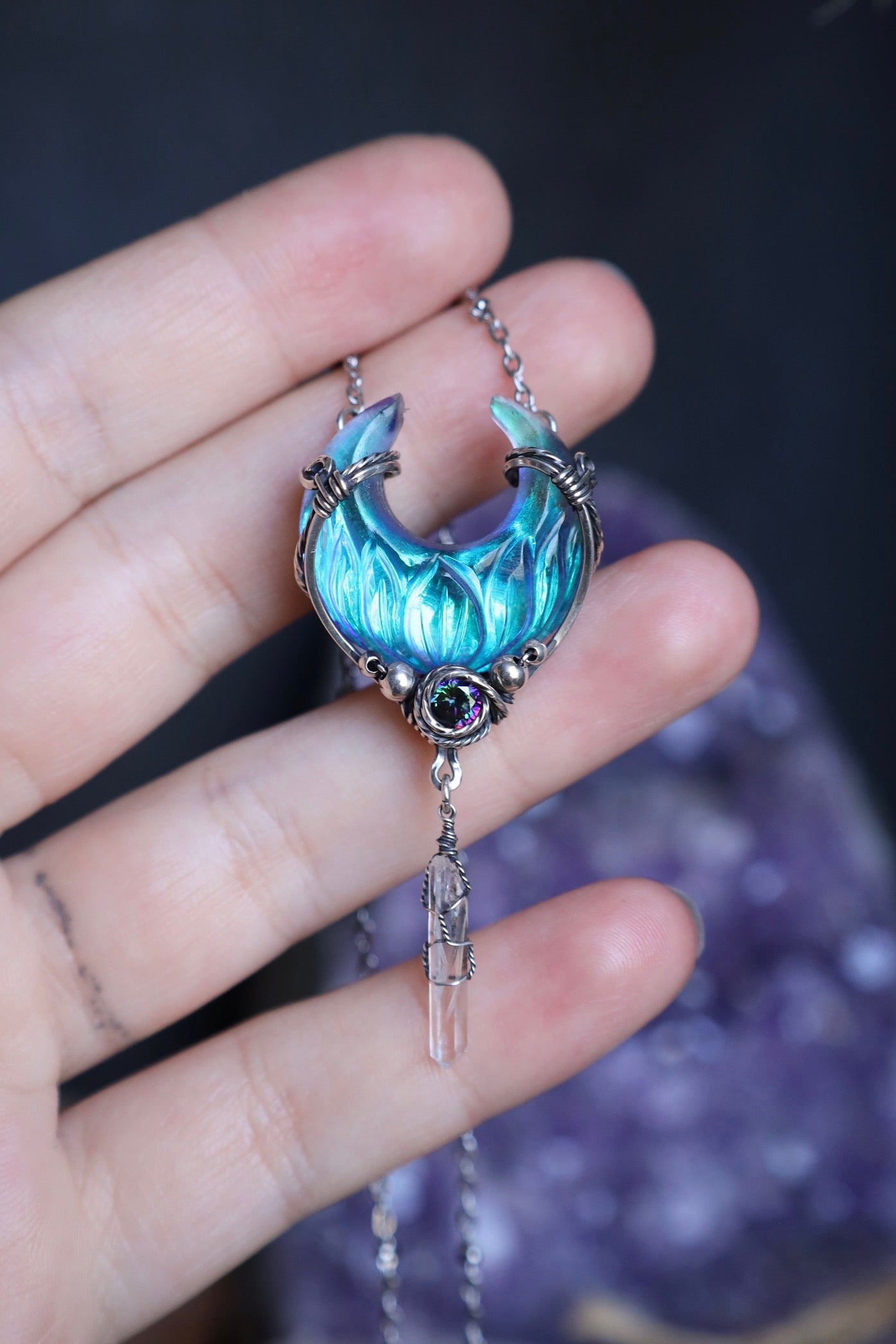 ✨Pre-Order✨ Labradorite Lotus Moon Doublet, Mystic Topaz and Quartz Necklace in Solid Sterling Silver