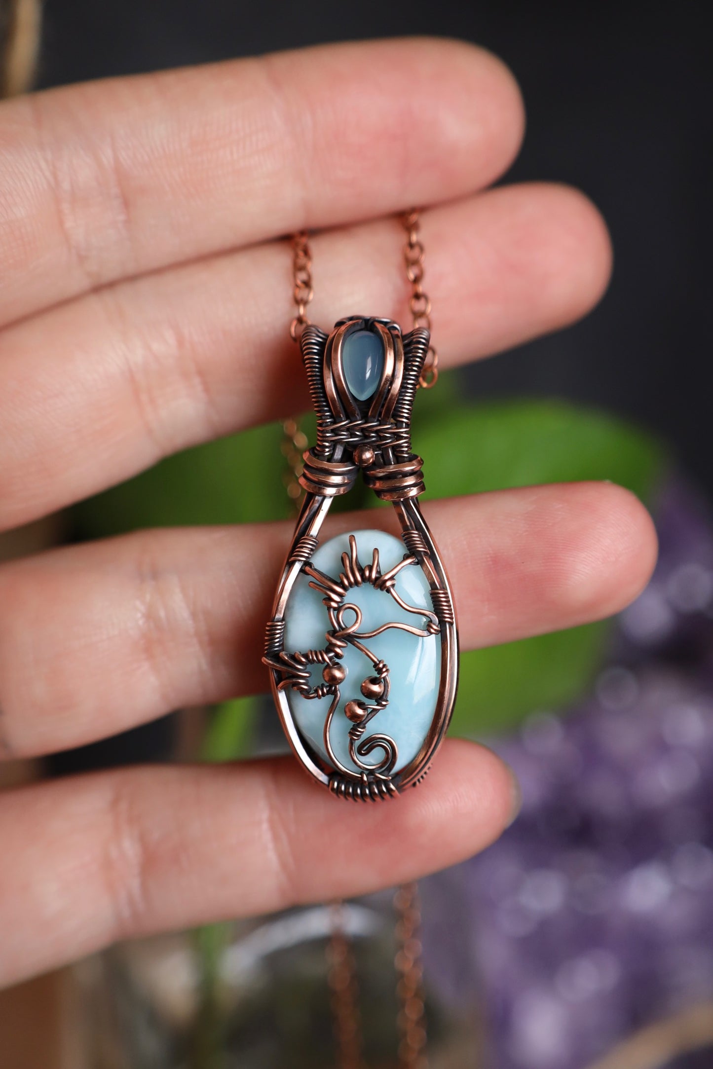 Larimar and Blue Chalcedony Seahorse Copper Pendant