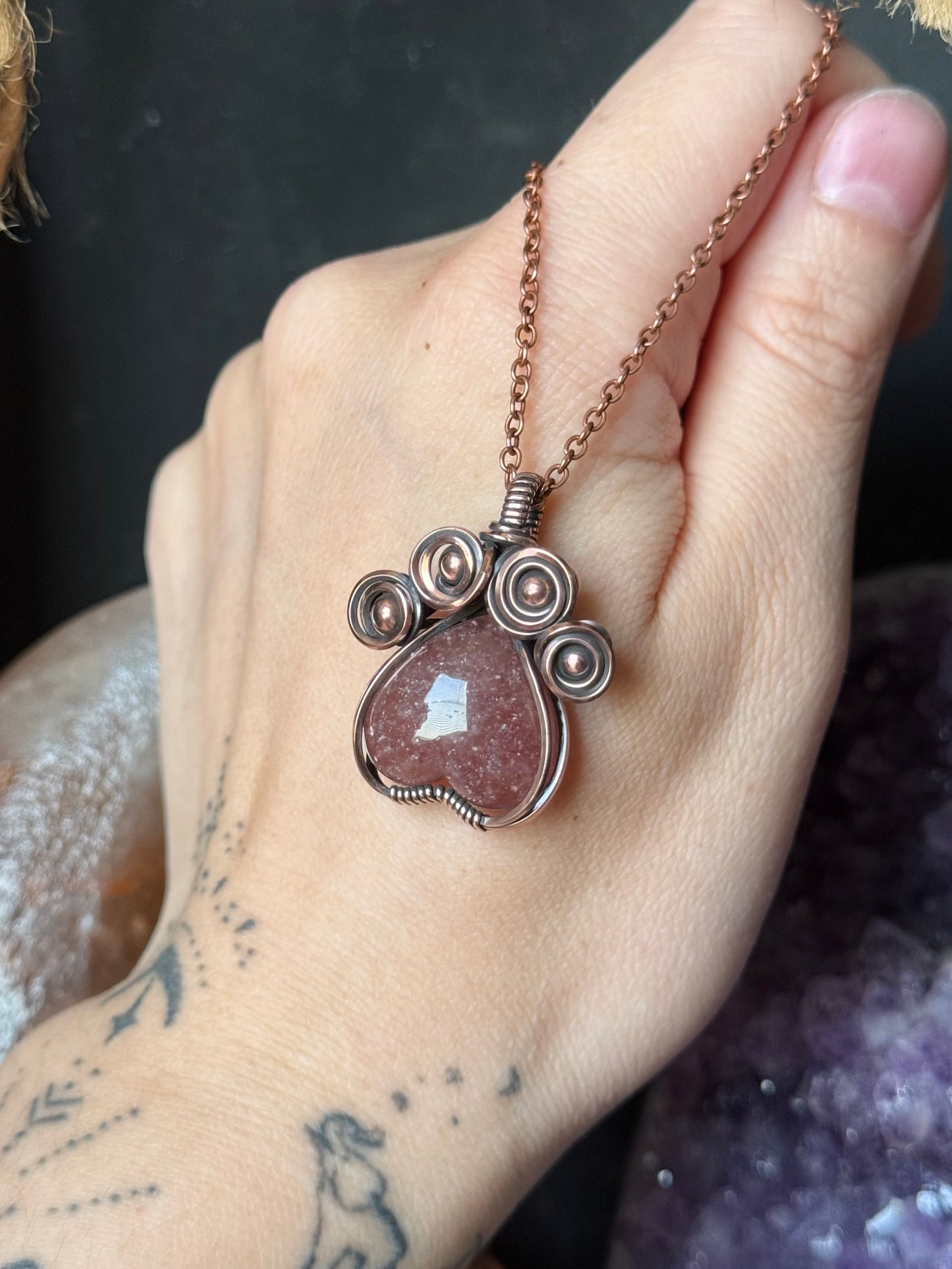 Strawberry Quartz Pawprint Pendant in Copper