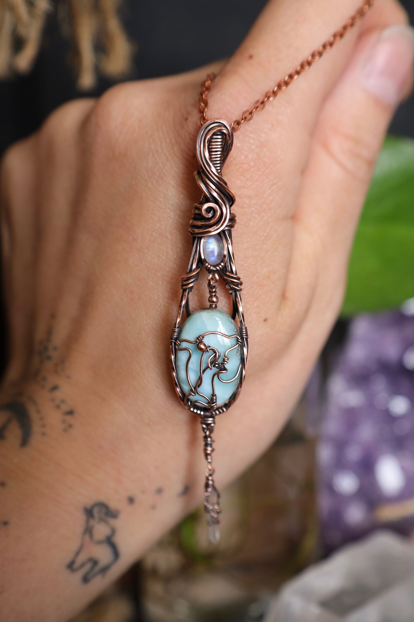 Moonstone, Larimar and Quartz Crystal Dolphin Copper Pendant