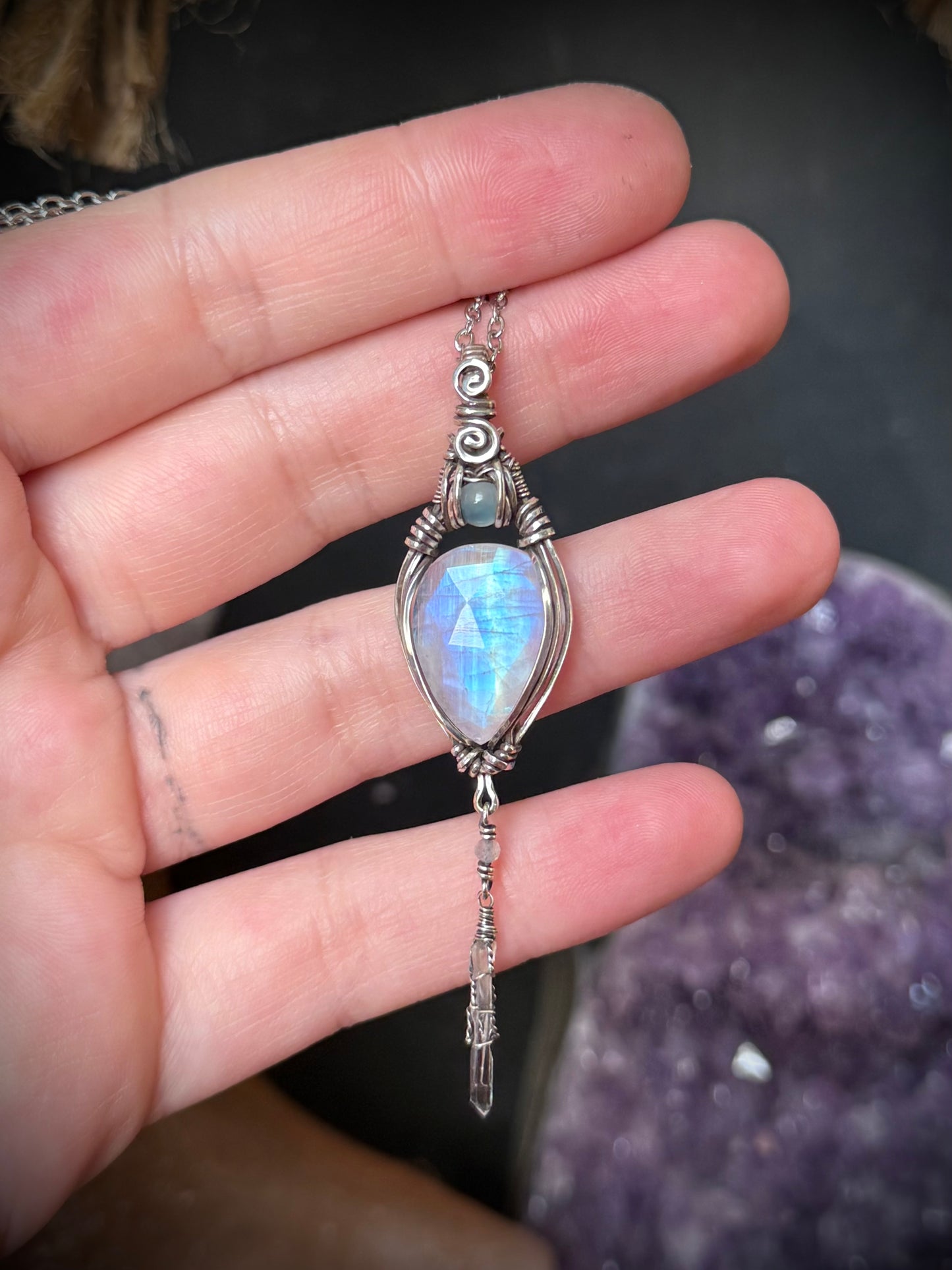 Rose Cut Moonstone, Quartz and Blue Chalcedony Pendant in Solid Sterling Silver