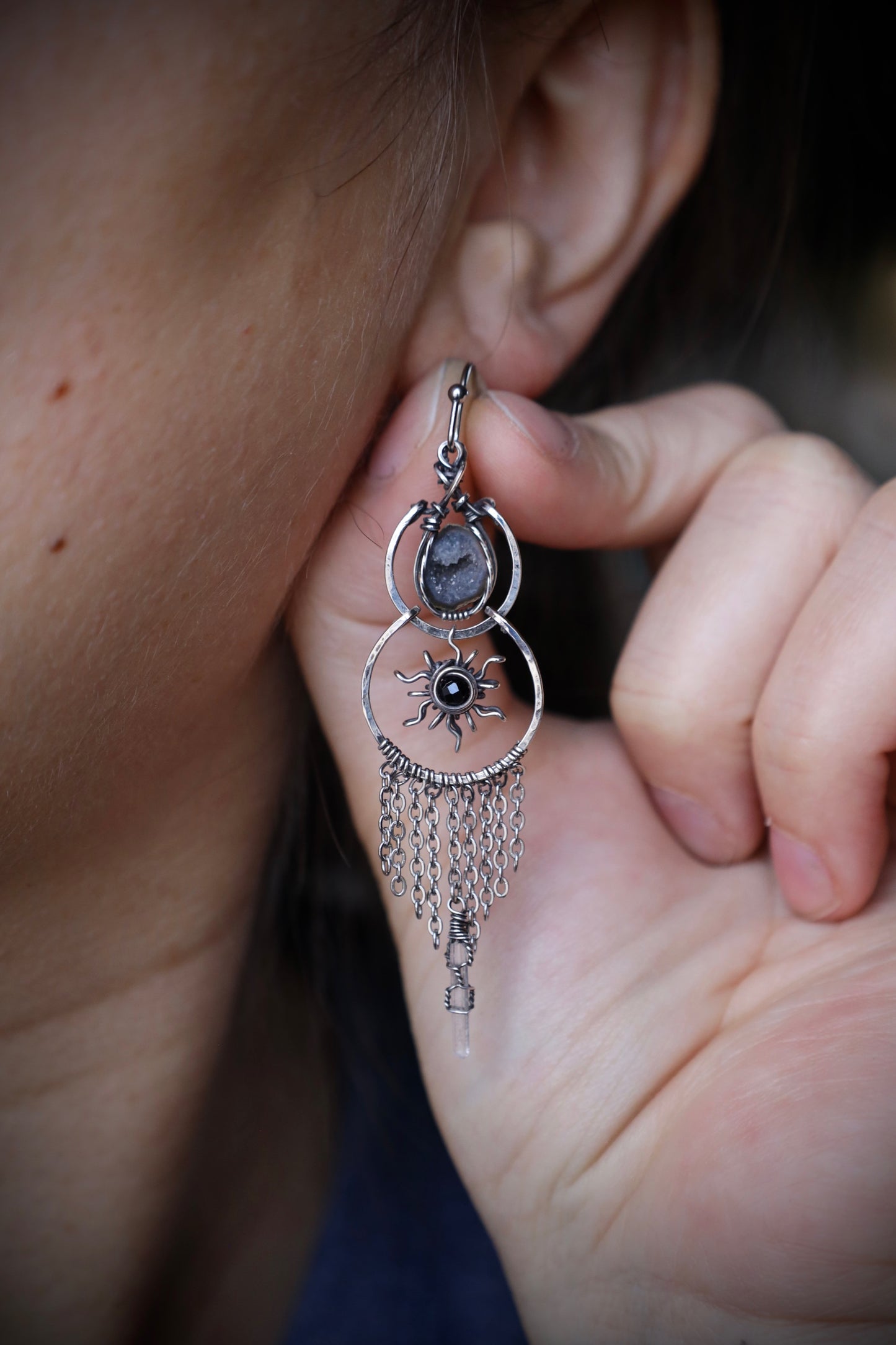 Sun/Moon Tiny Geode Boho Earrings in Antiqued Solid Sterling Silver