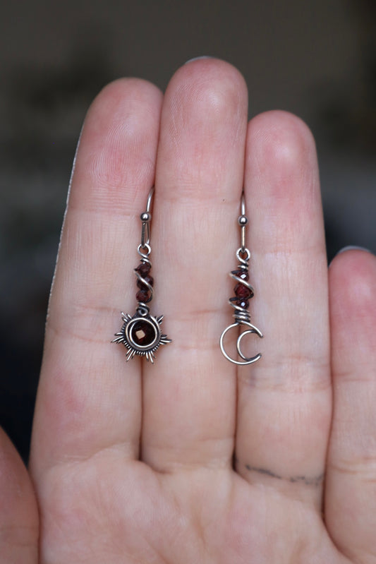 Sun and Moon Garnet Earrings in Solid Sterling Silver