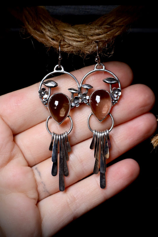 Smoky Quartz Mushroom and Flower Fringe Earrings in Solid Sterling Silver