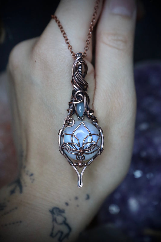 Moonstone and Aqua Chalcedony Lotus Pendant in Copper